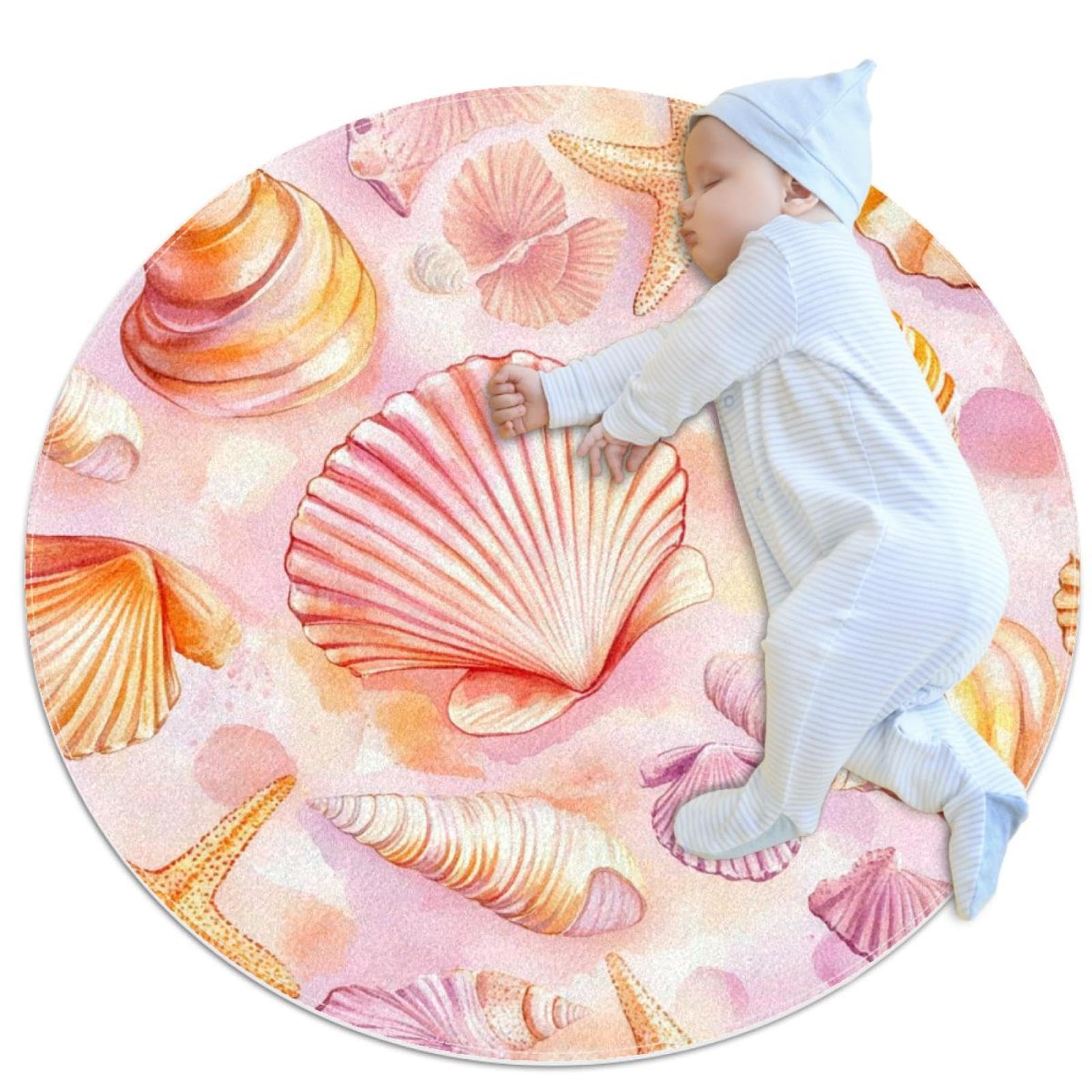 Tapis de salle de bain antidérapant rond 1m motif coquillage mer