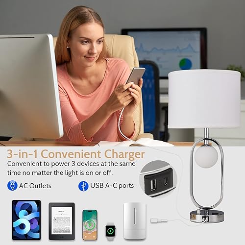 Miniatura 3 de Thirdpolite Juego de 2 lámparas de mesa modernas, 3 vías regulables táctiles con puertos USB y salida de CA, lámparas de escritorio con pantalla de