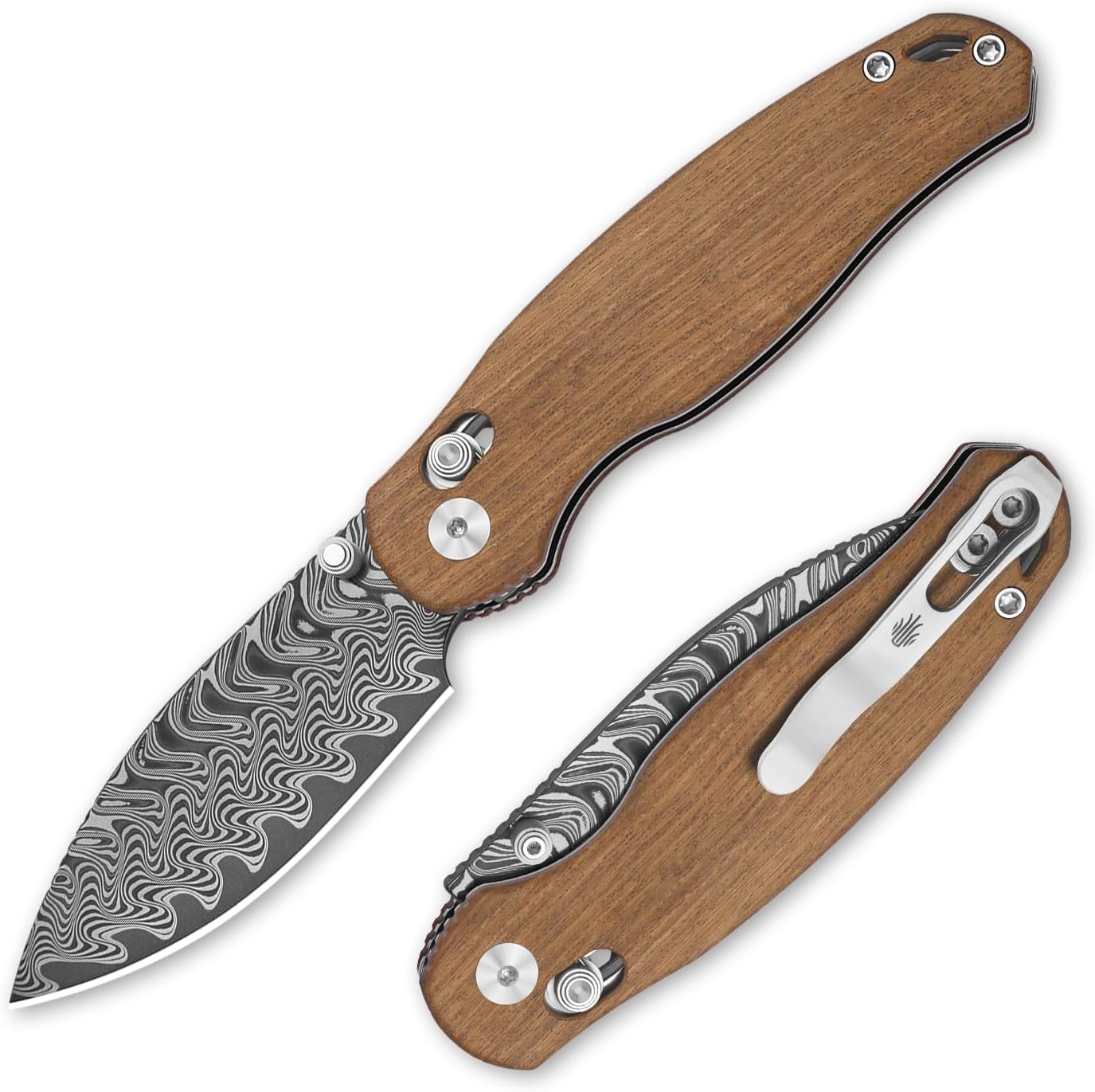 Kizer Phoca CD Pocket Knife, 2.95" Drop Point Damascus Blade Folding Knives with Brown Mkuruti Wood Handle, Thumb Stud EDC Knife for Men Women V3781CDA3
