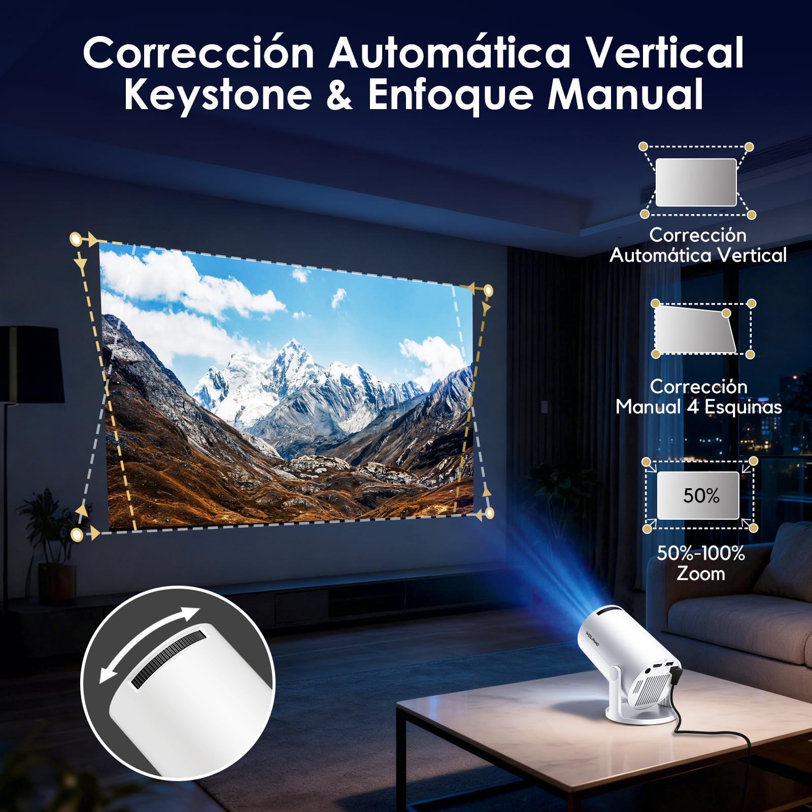 WOLFANG Proyector Portatil, Mini Proyector 1080P con Apps Integradas, WiFi y Bluetooth, Corrección Keystone Automática, Compatible con iOS/Android/TV Stick/PS5