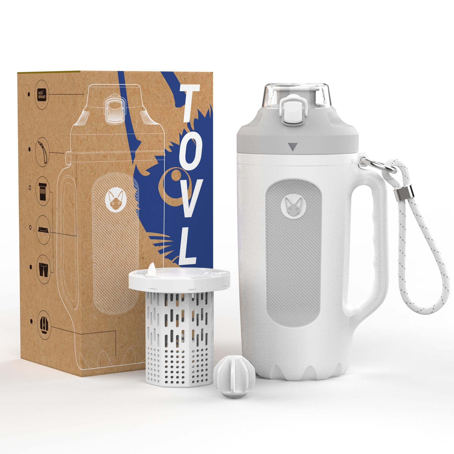 tovls 32oz Insulated Water Bottle Multi-Function Sports Jug with Handle & Magnetic Blender - Leak Resistant for Baseball Football Gym & Outdoor Activities (Pure White & Light Gray)