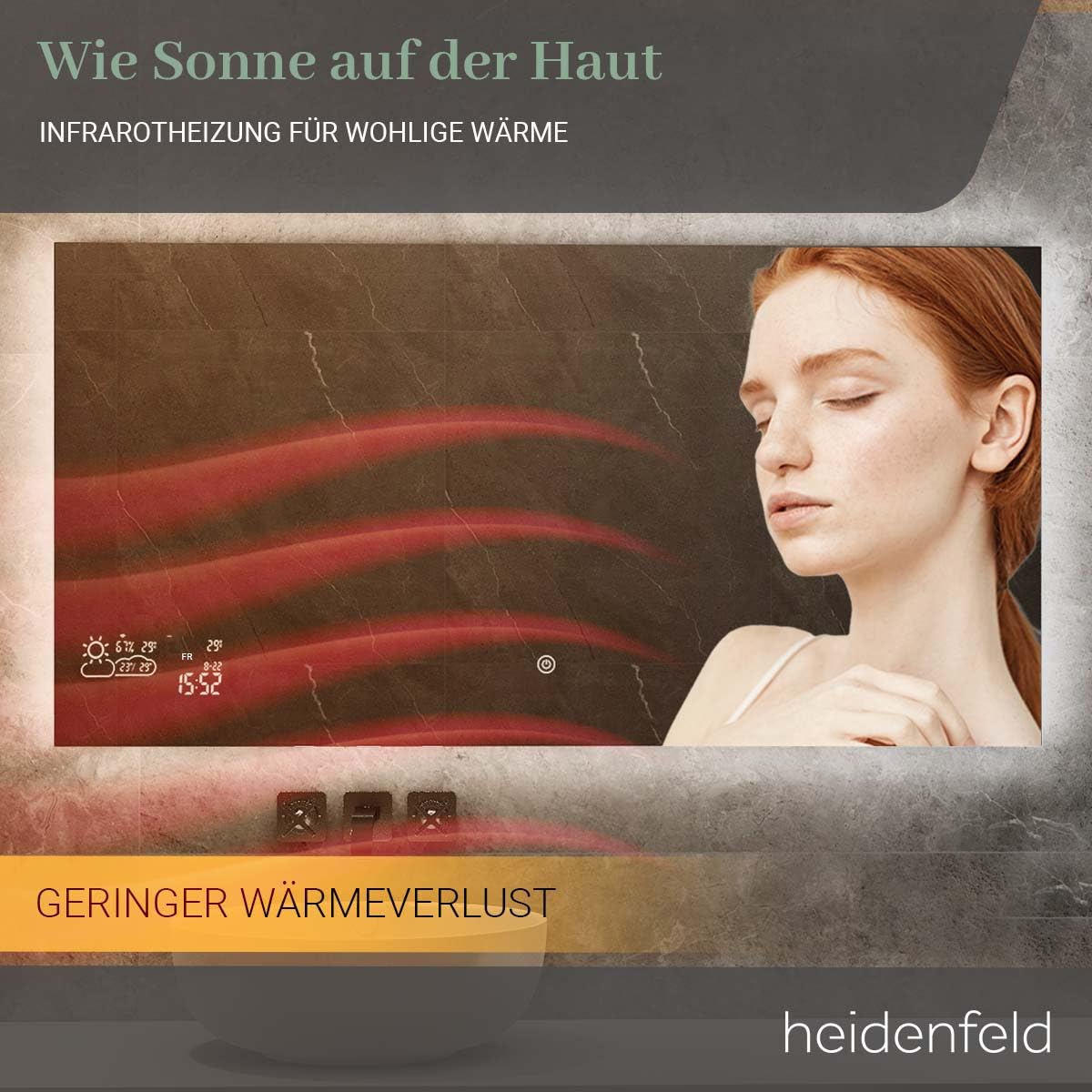 Heidenfeld Spiegel Infrarotheizung | HF-HS200 mit Touchpanel - 𝟭𝟬 𝐉𝐀𝐇𝐑𝐄 𝐆𝐀𝐑𝐀𝐍𝐓𝐈𝐄 - 200 Watt - 60 x 60 cm - WiFi Badspiegel - Badezimmerspiegel - Infrarot Heizung Spiegel - Wandheizung