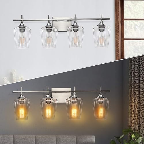 Miniatura 10 de Lámparas de tocador, 2 lámparas de baño de latón cepillado sobre espejo con pantalla de vidrio transparente, modernos apliques de pared para baño,