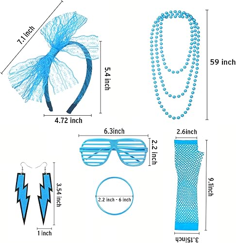 Miniatura 2 de Conjunto de accesorios para disfraz de los años 80, diadema de encaje, aretes, guantes de red, collar, pulsera, gafas, juego de disfraz de fiesta