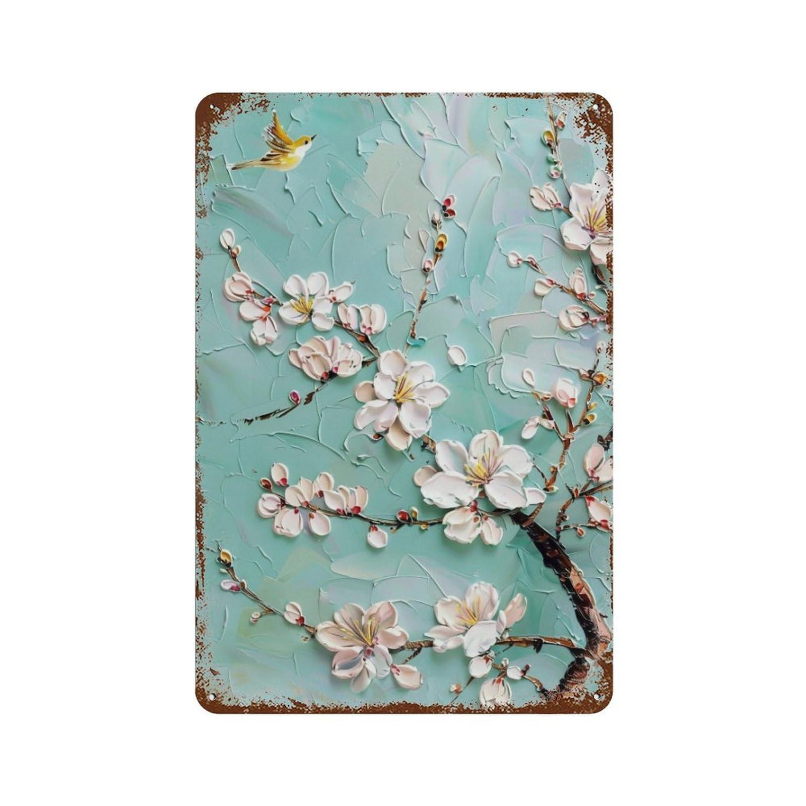 WUJHGRSG Impasto Teal Background White Blossom Twig & Flying Bird 03 Wall Art Retro Iron Vintage Metal Tin Sign Poster Modern Decor for Home Cofffee Club Bar Shop Style 30x20cm
