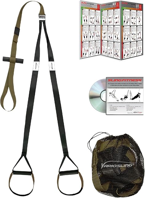 VARIOSLING Basic, wojskowy zestaw do treningu z kotwicą do drzwi, plakat do ćwiczeń, DVD do treningu całego ciała w domowej siłowni, torba do przenoszenia, waga ciała, trening siłowy i fitness, paski