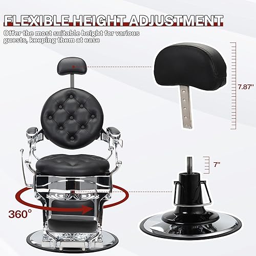Miniatura 7 de JAXPETY Silla de barbero vintage, silla reclinable hidráulica resistente, equipo de peinado para spa de belleza, reposacabezas de altura ajustable,