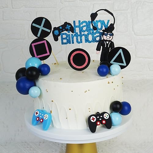 Miniatura 7 de Decoración de pastel de videojuegos para decoración de pasteles, controlador de juego azul y negro, decoración de pasteles para juegos, fiesta