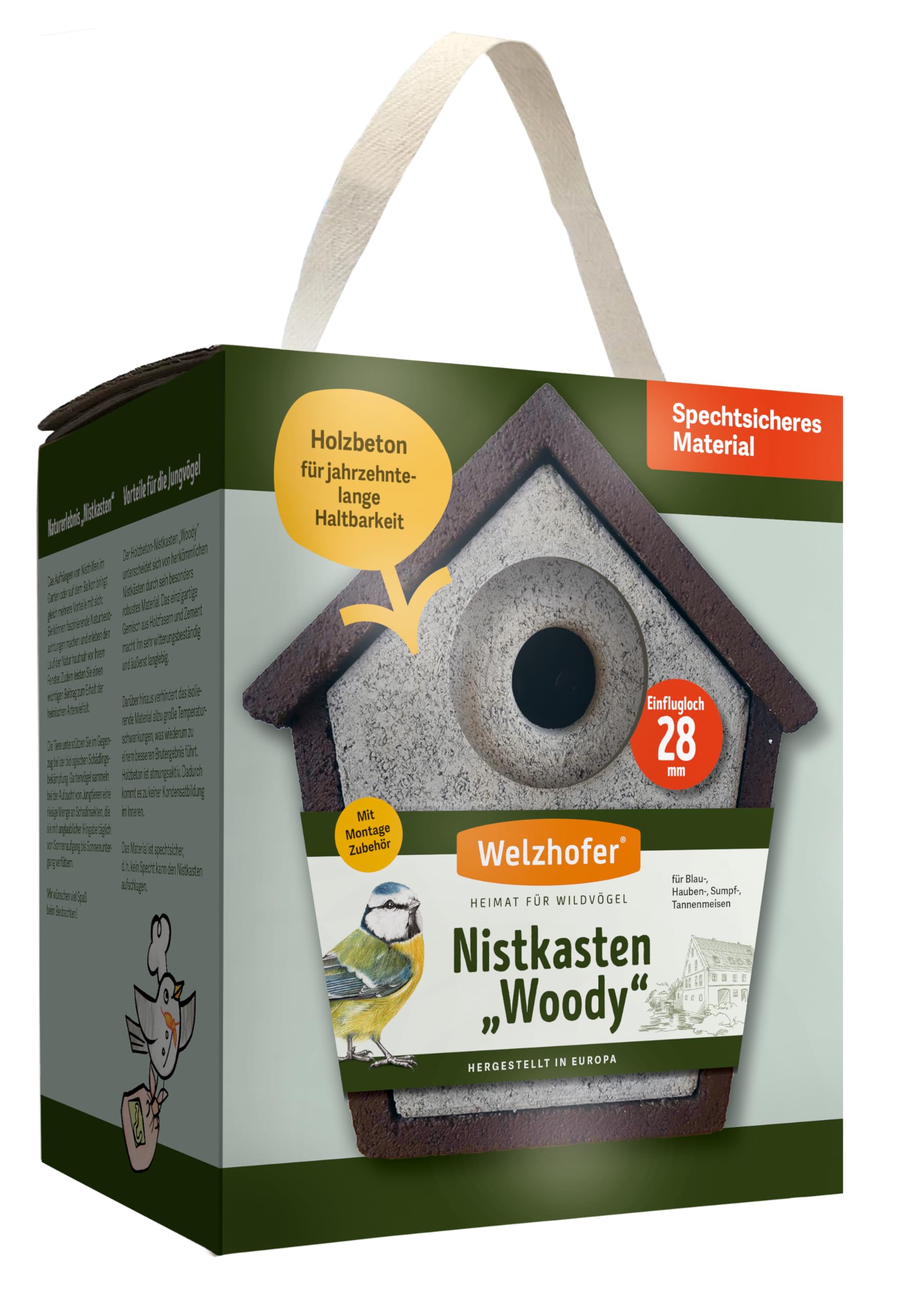Holzbeton Nistkasten Woody, langlebiges und spechtsicheres Vogelhaus mit 28mm Einflugloch, für Blau-, Hauben-, Sumpf- und Tannenmeisen, für bessere Brutergebnisse, Made in Europa