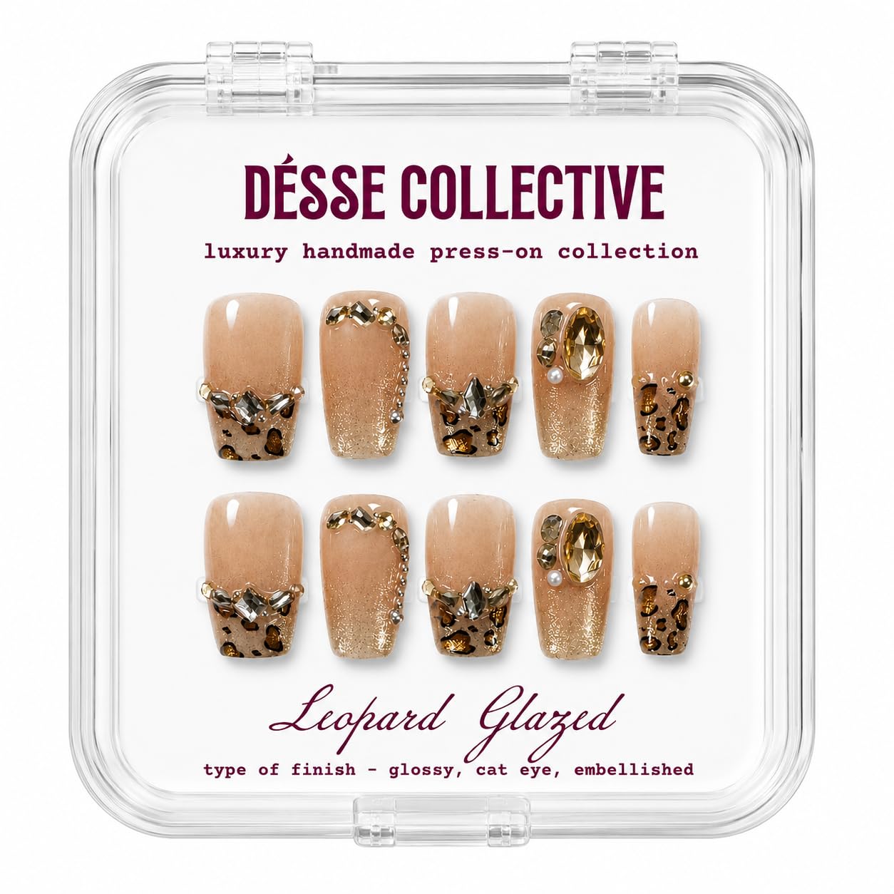 Leopard Glazed Luxury Embellished Press On Nails for Women | Nude Gold Crystal Nail Art Set-image-39