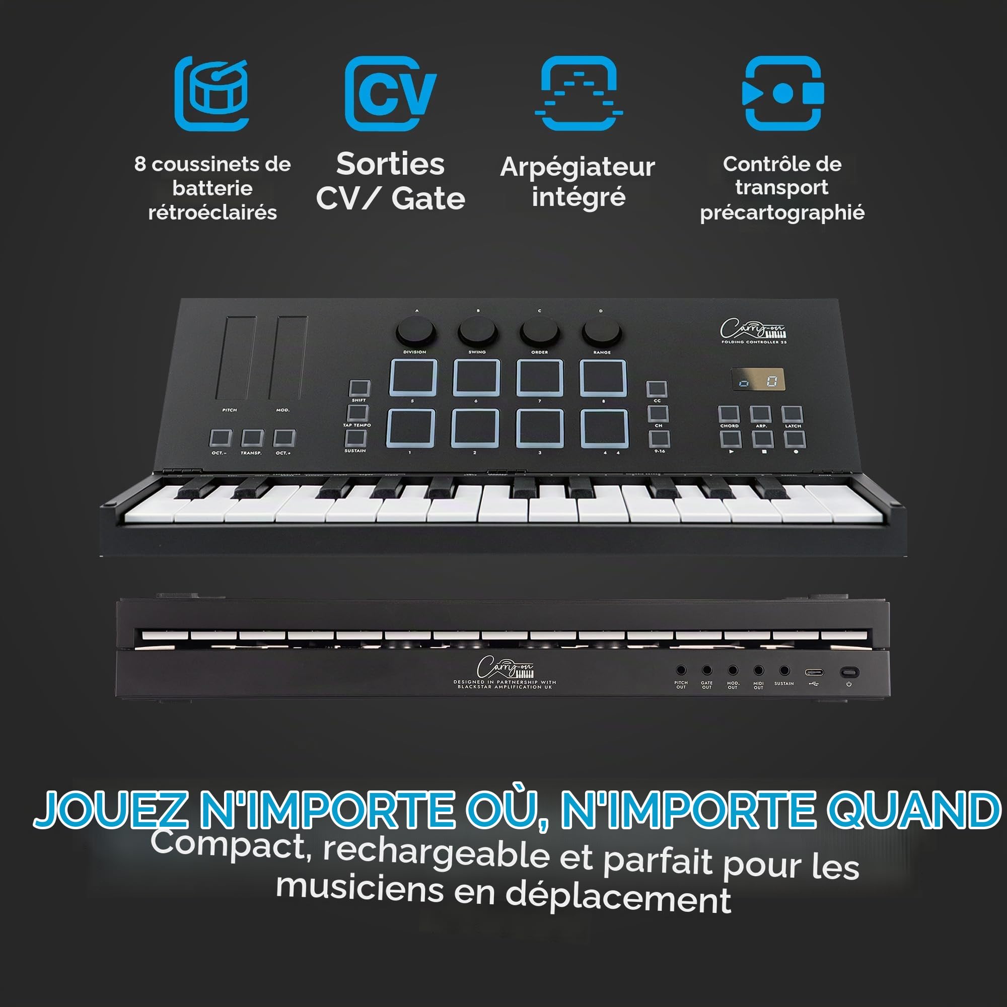Carry-on FC-25 Clavier Contrôleur Midi sur USB Pliable 25 Touches 8 Percussions Rétro-éclairés Inc Cubase LE OEM et Logiciel Cubase LE OEM IOS DAW