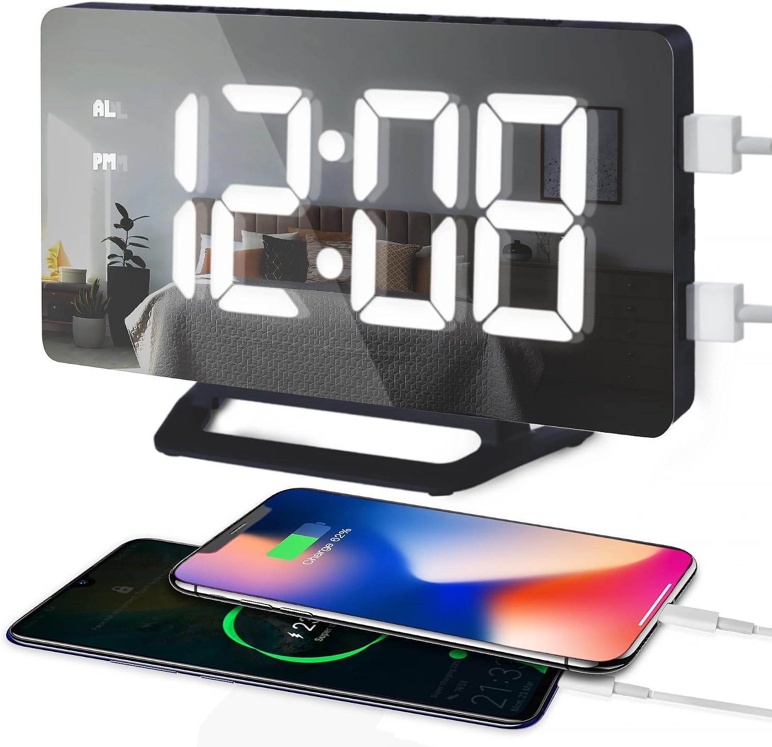 KEMOGE Digital Alarm Clock for Bedroom, Large Display Mirror Alarm Clock with Dual USB Charger Ports, 6.5" Aesthetic Desk Clock, Snooze, 3 Adjustable Brightness. （White）