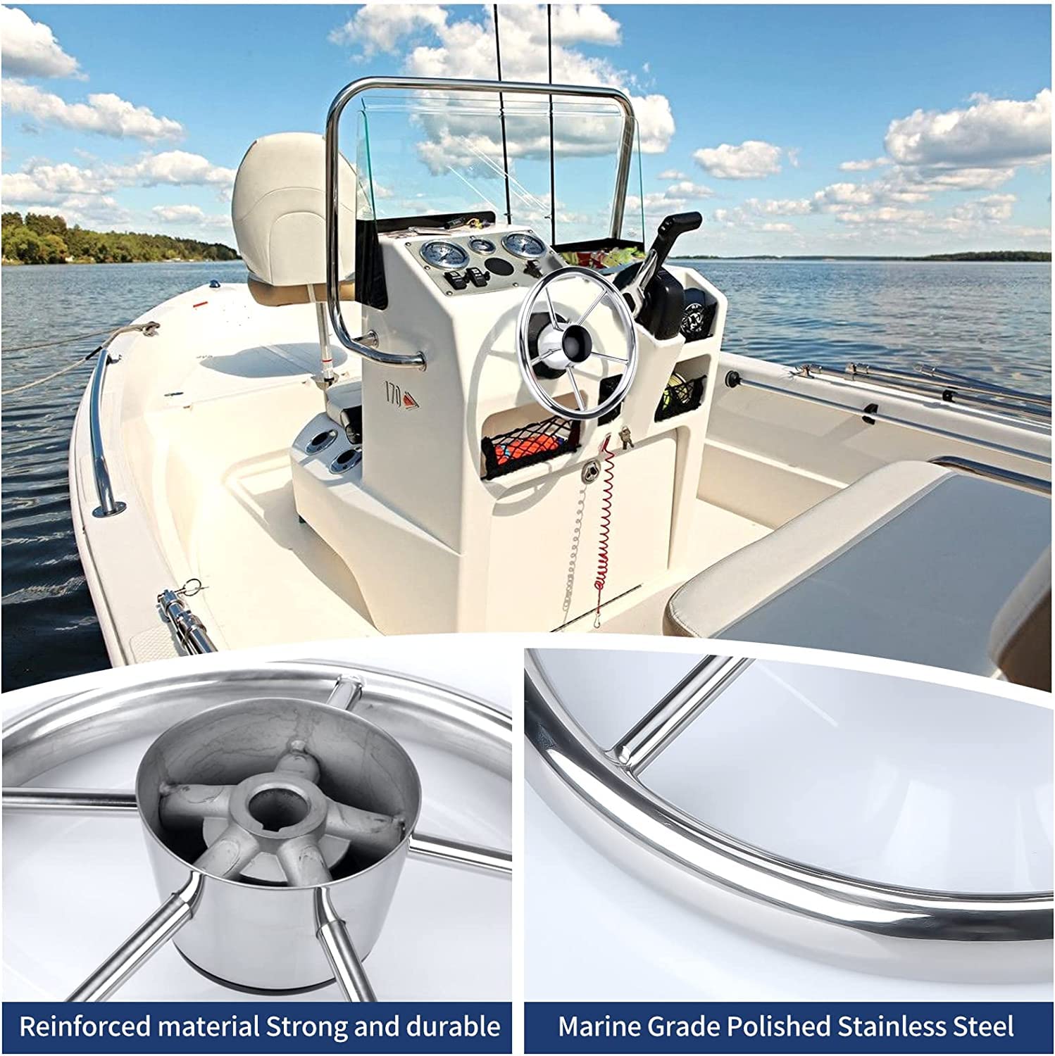 Geloo Volante de Barco 5 radios 13-1/2 pulgadas,estilo destructor, buque de acero inoxidable, accesorios para adaptarse a ejes cónicos estándar de 3/4 pulgadas, para pontón, barco, yate universal