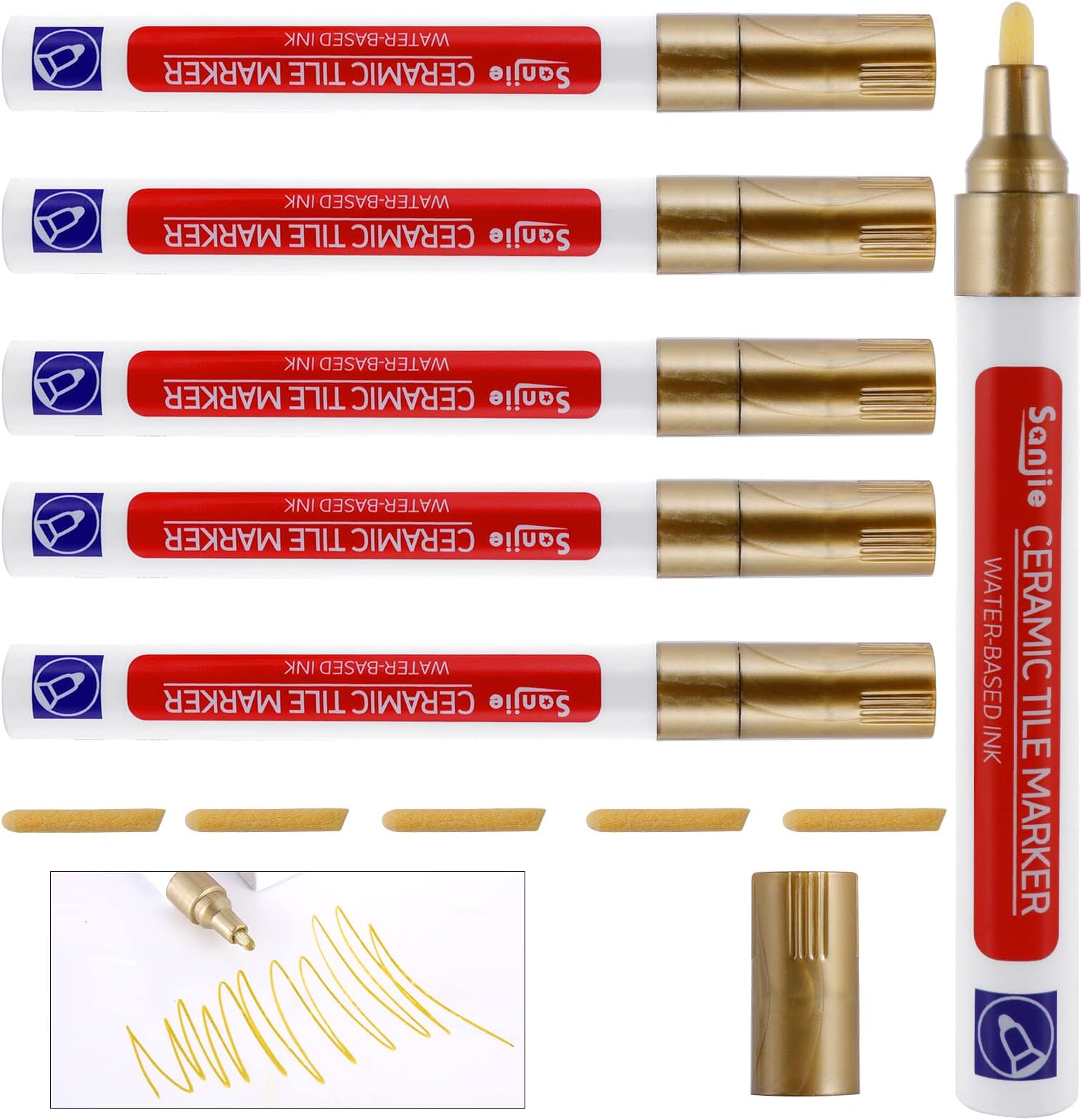 Grout Pens, 6 Pieces Tile Grout Reviver Pens, Grout Restorer Marker Repair Pens, Waterproof Anti-Mould Tile Paint Markers, With An Additional Replacement Tip, Grouting Pen For Bathroom Kitchens (Gold)