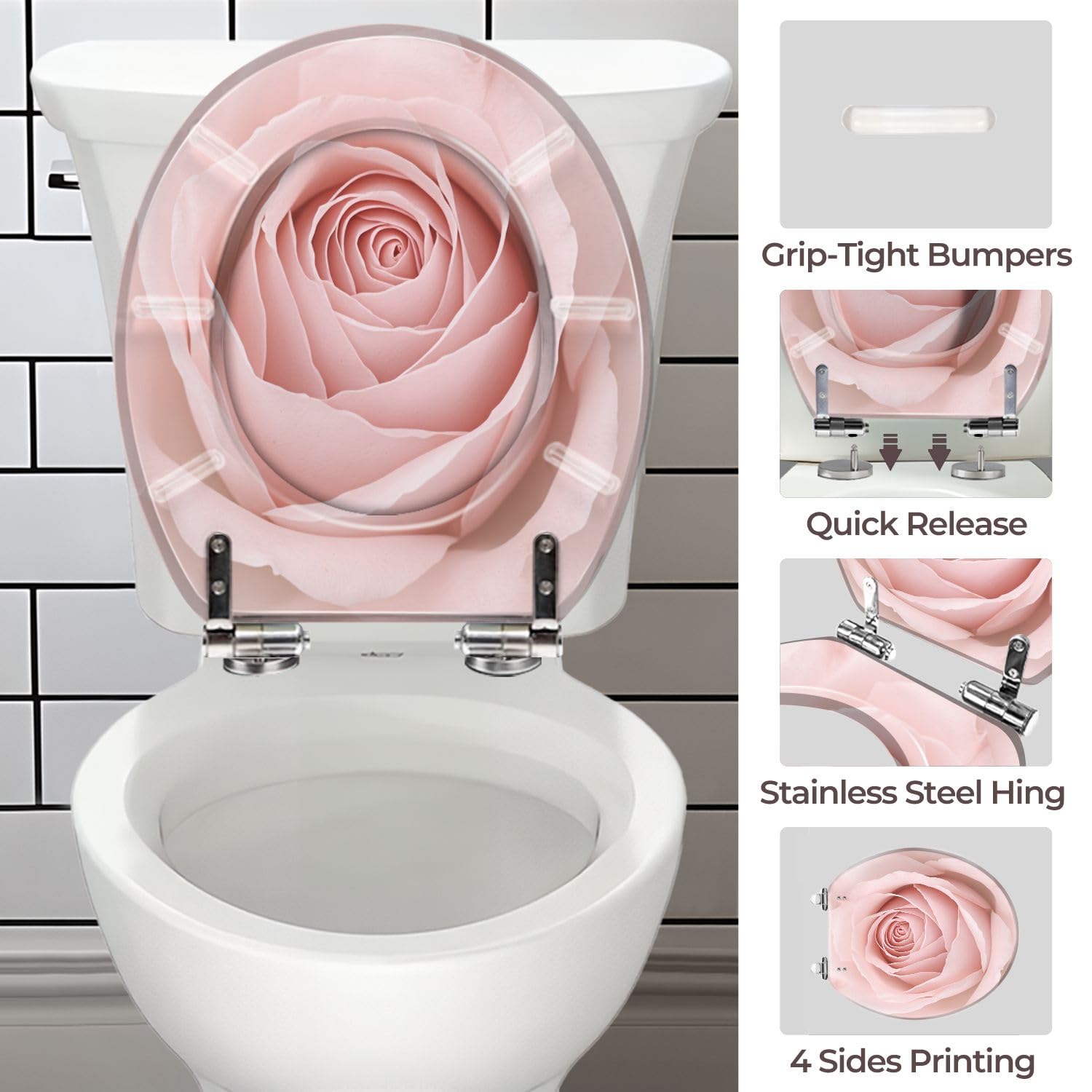 Asiento de inodoro redondo genérico para baño con bisagras de resina de cierre suave y liberación rápida.