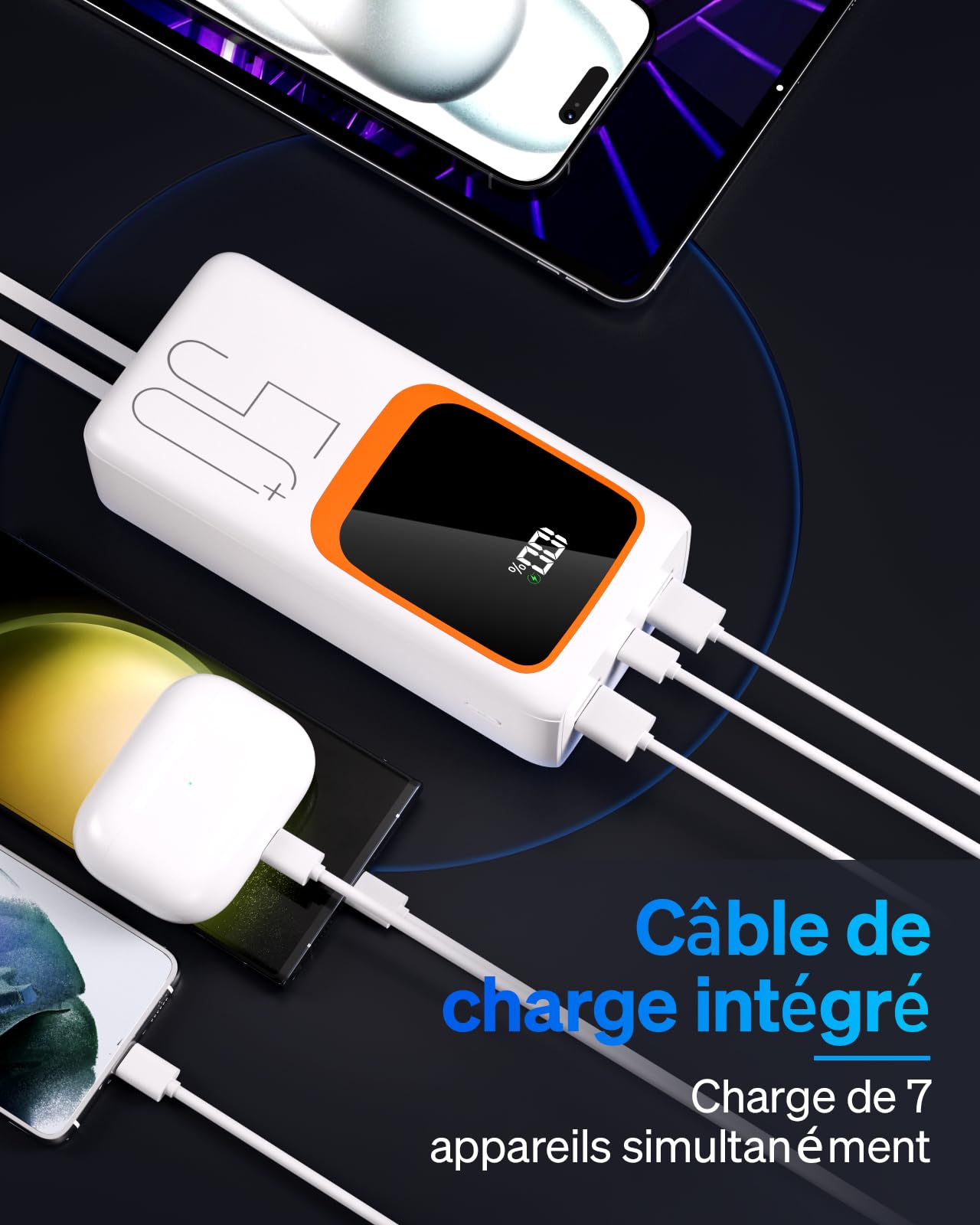 Batería externa de 20000 mAh con cable incorporado: 22,5 W Power Bank de carga rápida para teléfono móvil, batería USB C (Input & Output)