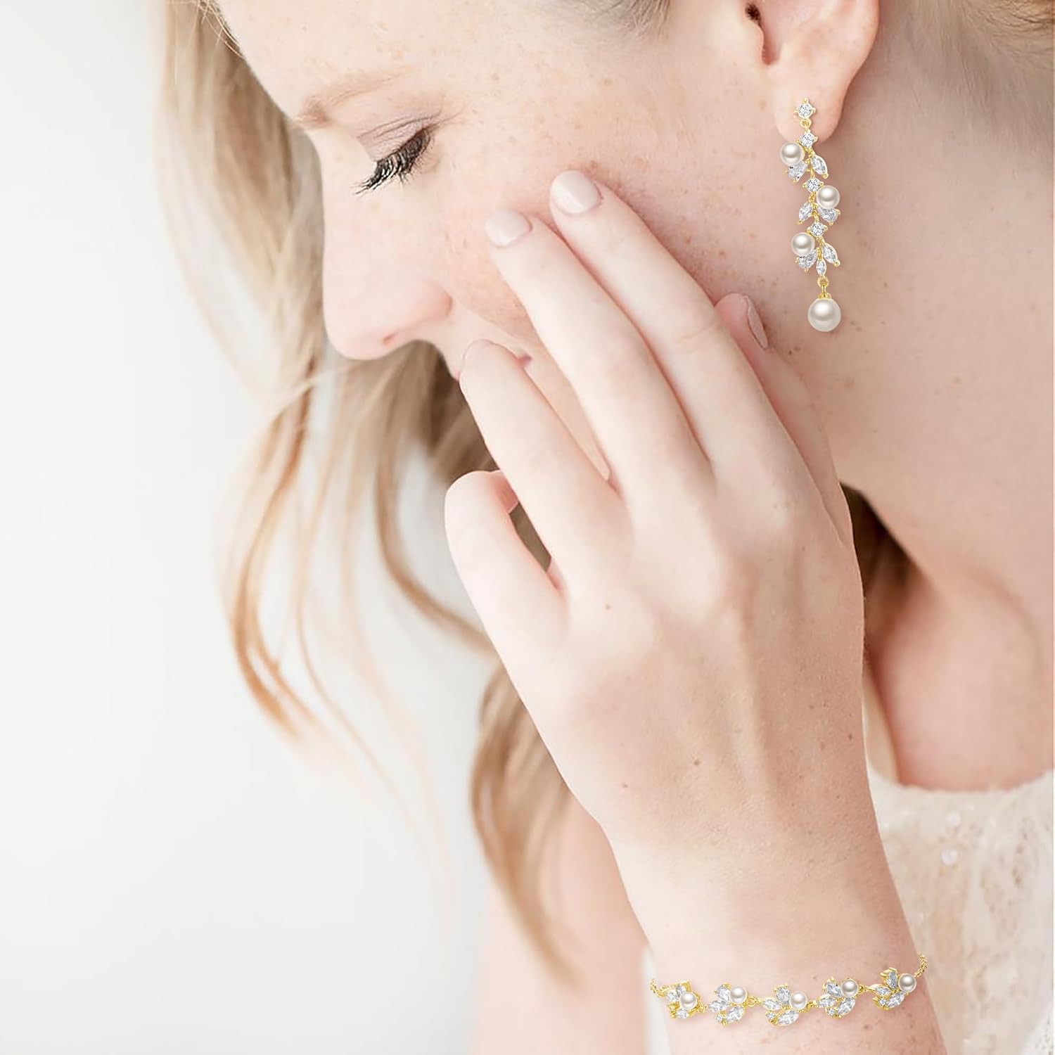 EleQueen Women's Simulated Pearl Wedding Jewelry Set, Cubic Zirconia Marquise Floral Bridal Necklace Earrings Bracelet Sets - Image 3