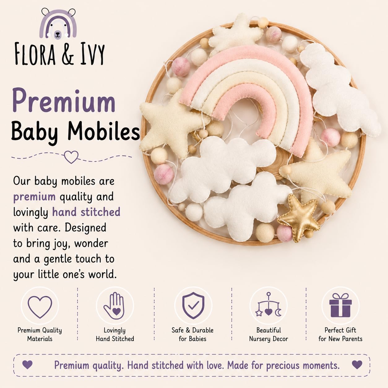 Mobile arc-en-ciel pour berceau – Un mobile bohème arc-en-ciel rose et blanc avec détails dorés