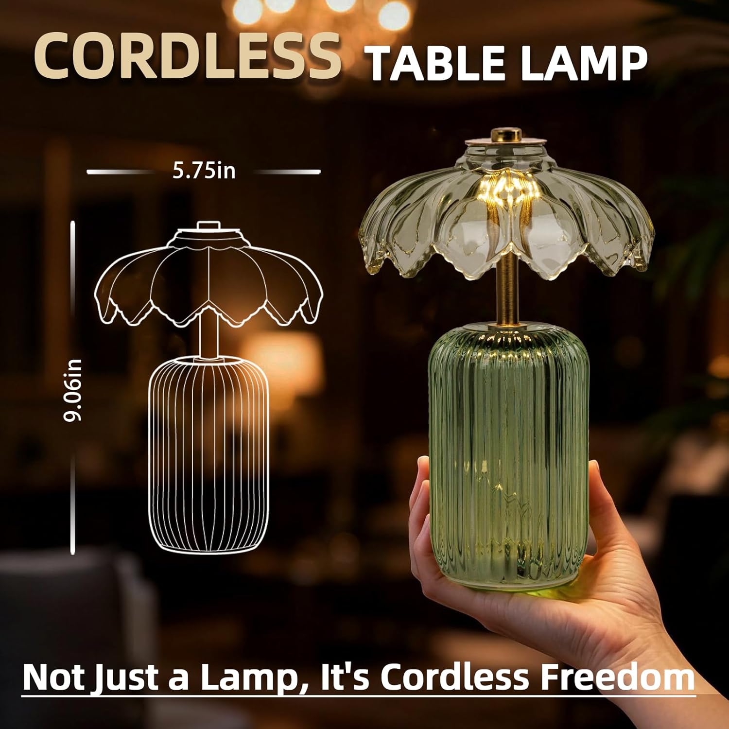 MJ PREMIER Cordless Lamp, Battery Operated Lamp with Timer, Crystal Glass Flower Lampshade, Small Table Lamps, Decorative Led Light for Bedroom Living Room Shelf (S-Green)