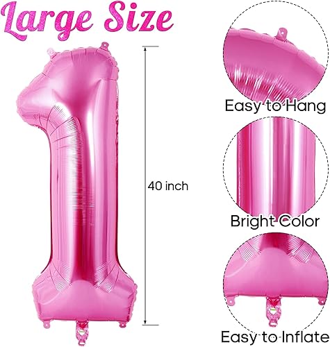 Miniatura 3 de Globo rosa intenso número 1 de 40 pulgadas, globos grandes de helio de aluminio con número 1, globos gigantes gigantes de Mylar número 1 para 1