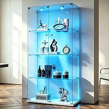 Glass Display Cabinet with Lighting, Standing Collector's Display Cabinet Glass with 2 Glass Doors & 4 Glass Shelves Display Cabinet for Living Room Bedroom Office White, 2 Doors 4 Layers