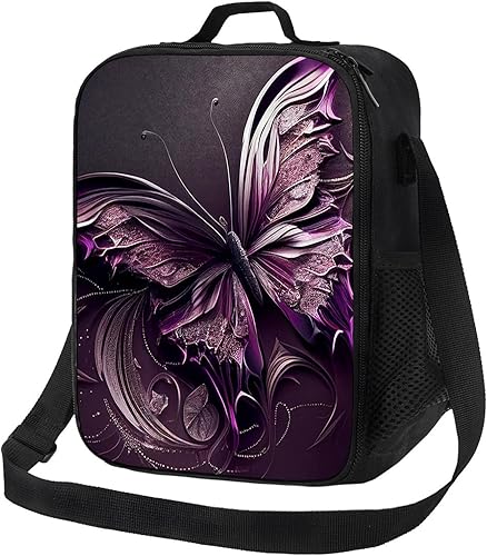 Cioroper Elegante bolsa de almuerzo aislada con mariposa morada para mujeres, lonchera portátil para hombre, bolsa de mano para trabajo, picnic,