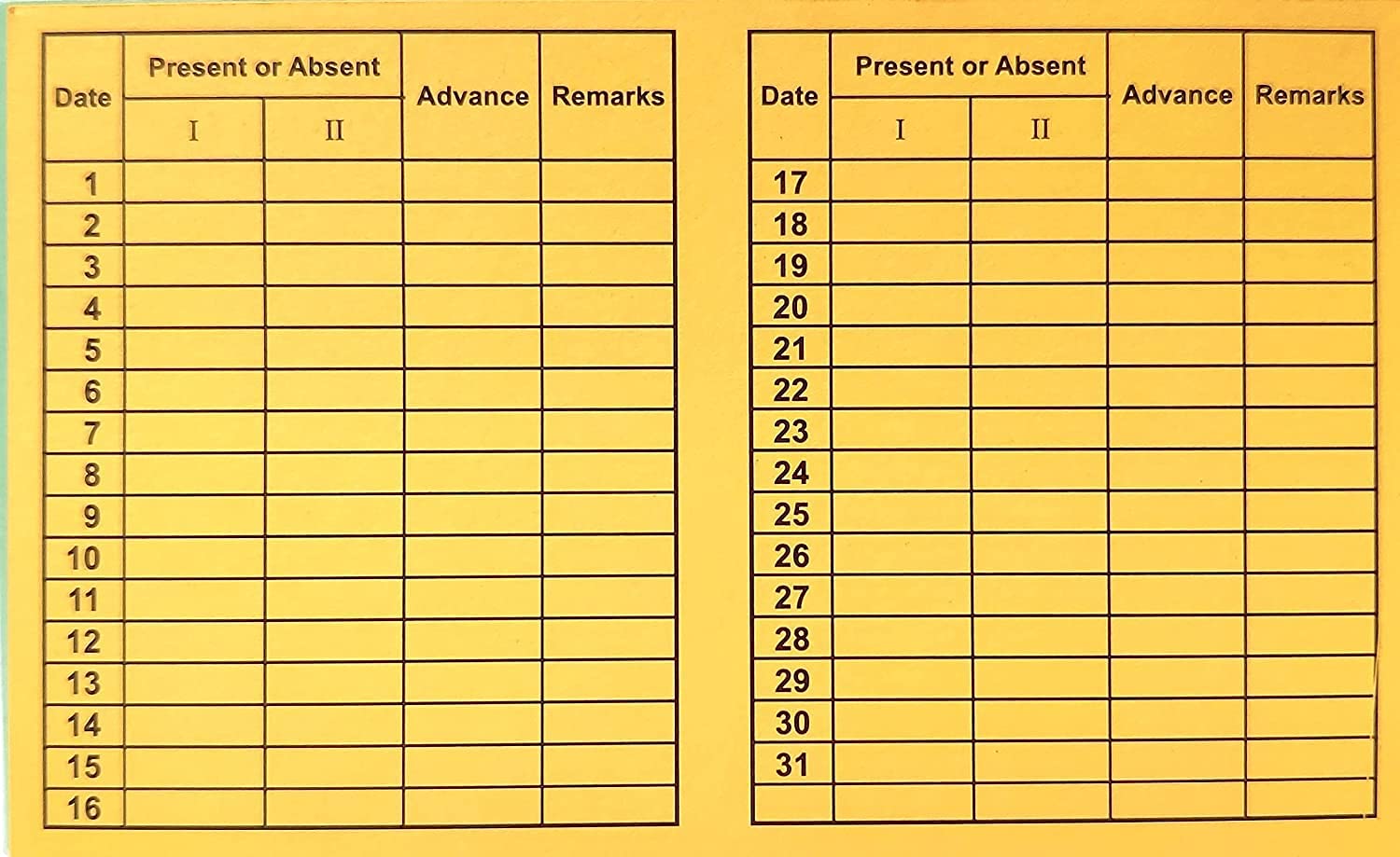 Medium Size Attendance Report for Daily Payroll Wages/Attendance Card for Monthly Attendance and Calculation of Wages/Mix Color Attendance Report - Pack of 50-image-31