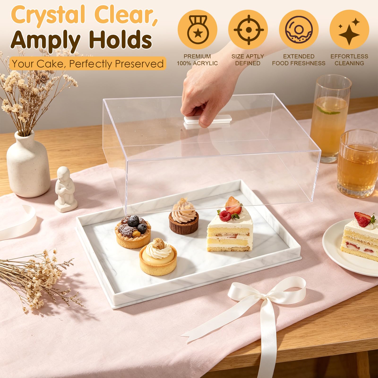 Bandeja rectangular de acrílico grande para tartas con tapa, soporte para tartas de 14 x 10 pulgadas, soporte transparente para exhibición de pasteles con tapa, soporte para postres, bandeja para