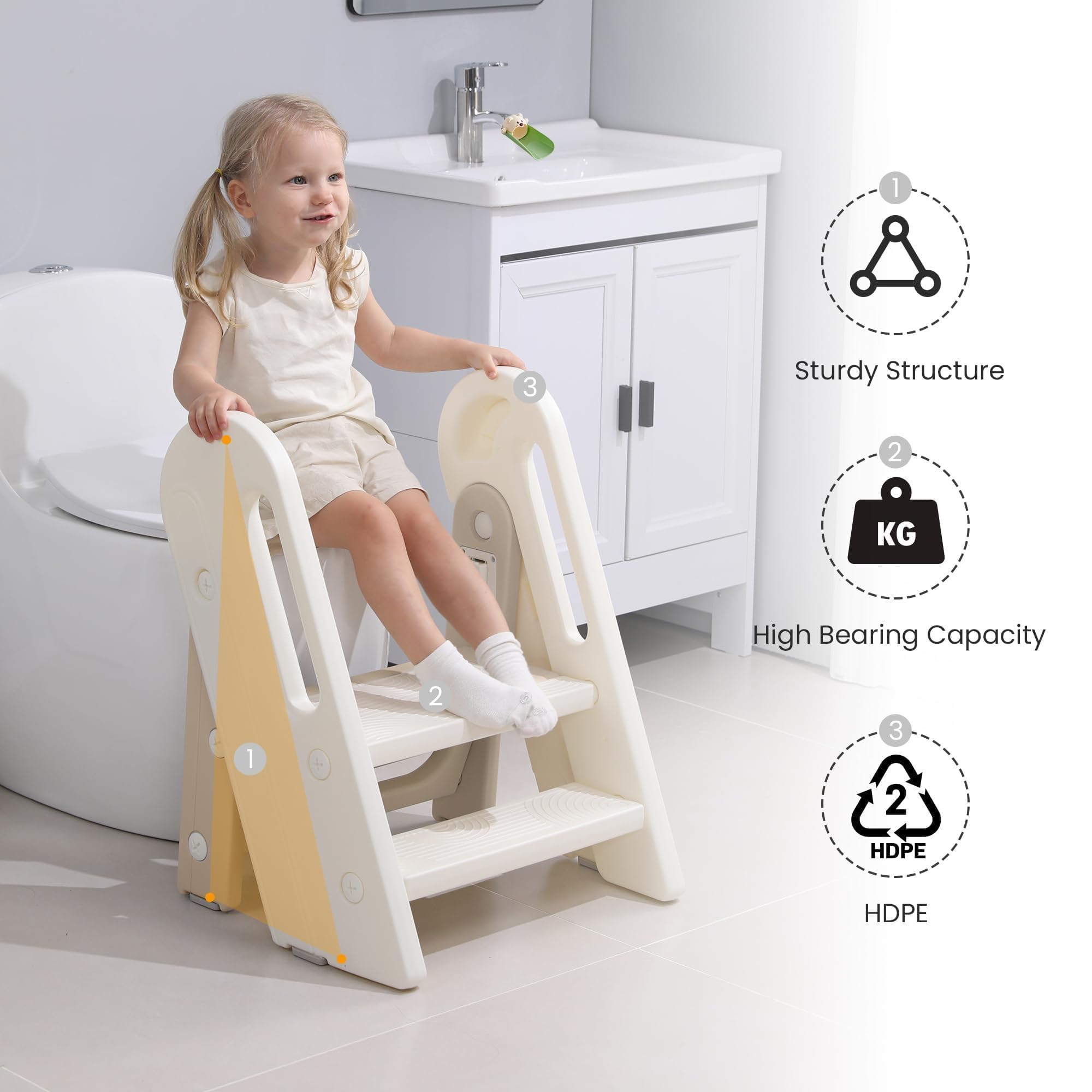 Marche Pied Enfant Pliable 2/3 Marches, Hauteur Réglable et Antidérapant, Escabeau Enfant, Tour d’Observation Montessori pour Cuisine et Toilette, Kaki