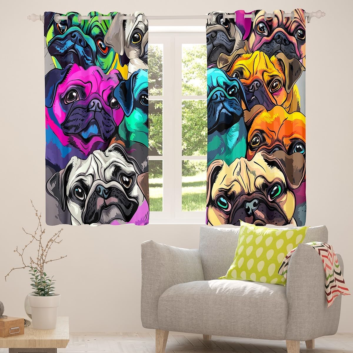 Erosebridal Pug Window Curtains Lovely Pug Dog Window Drapes Colorful Pugs Curtain Panels for Kids Boys Girls Cartoon Pet Animals Window Treatments Living Room Decor 42W x84L Child Room Decor