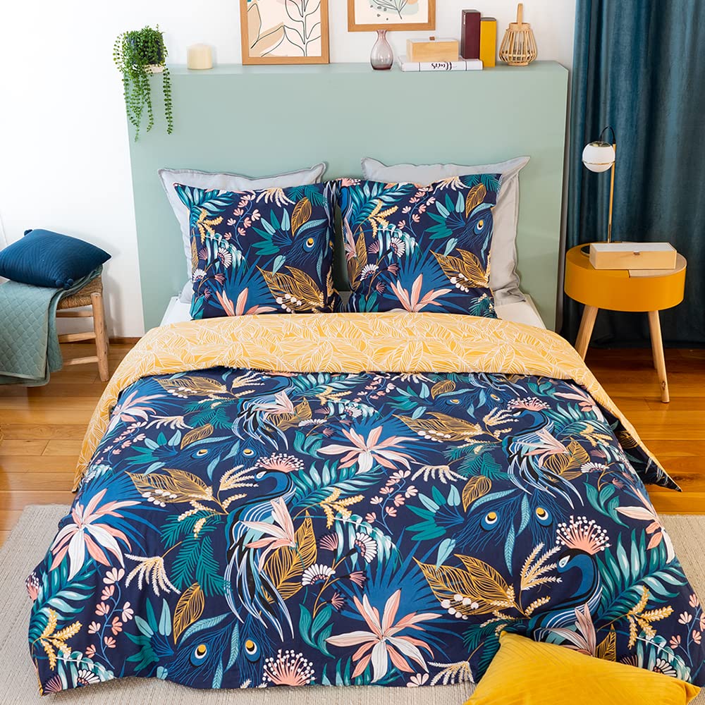 CÔTE DECO Parure de Lit 240x260cm Feuilles Tropicales Bleu Coton - 3 pièces | 1 Housse de Couette Adulte 240x260cm + 2 Taies d'Oreiller 63x63 cm - Feuilles Tropicales