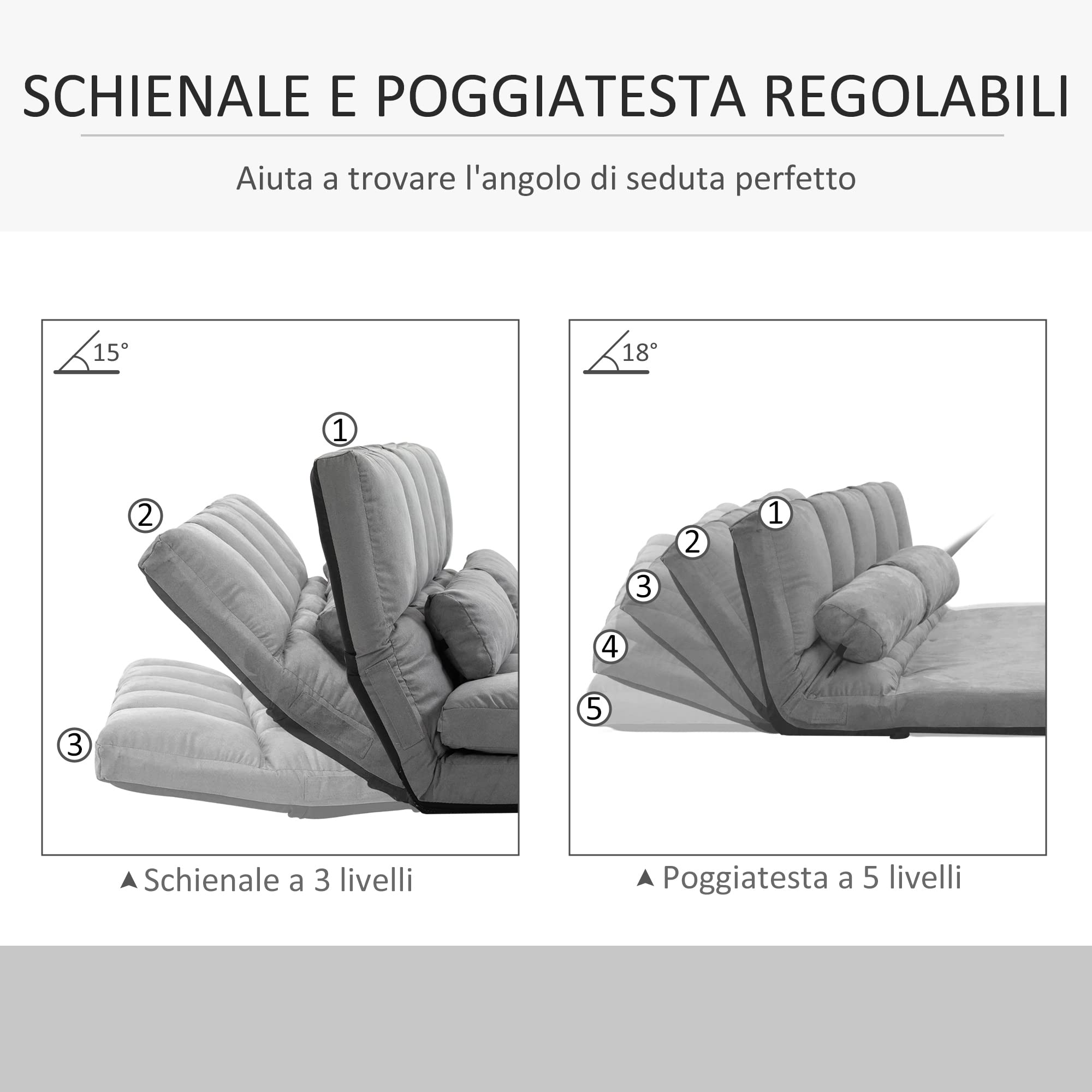 HOMCOM Divano Letto Moderno 2 in 1, Schienale Reclinabile su 7 Livelli e Cuscini, Divano per Soggiorno per TV, Giochi, Lettura, Yoga, Ufficio, 130x73x60 cm, Grigio Chiaro