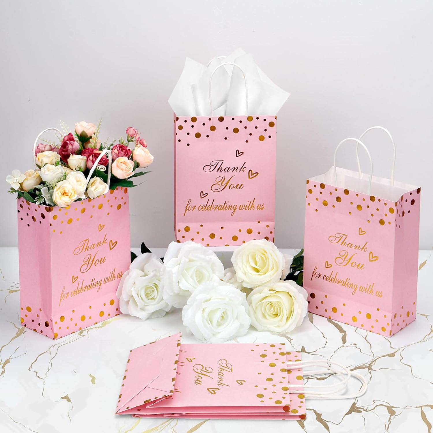 50Pcs Thank You Gift Bags with Tissue Paper, Thank You Paper Kraft Bags Bulk with Handles, Wedding Baby Shower Party Favors Bags for Guests Business Shopping Birthday Bridal Return Souvenirs (Pink) - Image 4