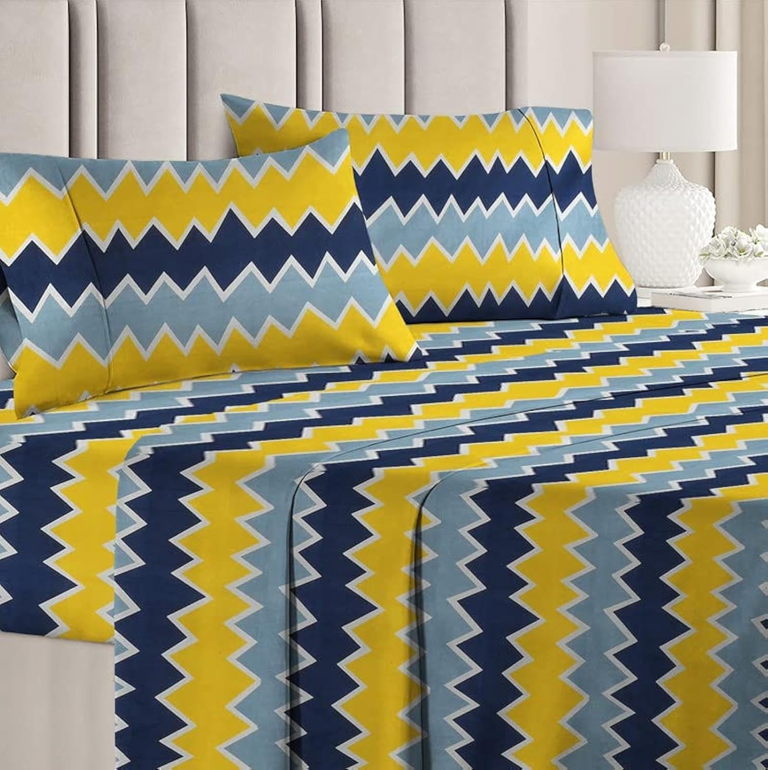 BSB HOME Premium Double Bedsheet with 2 Pillow Covers - 160 TC Supersoft Microfiber - Breathable & Wrinkle Free - 3 Pcs Set | Yellow and Blue