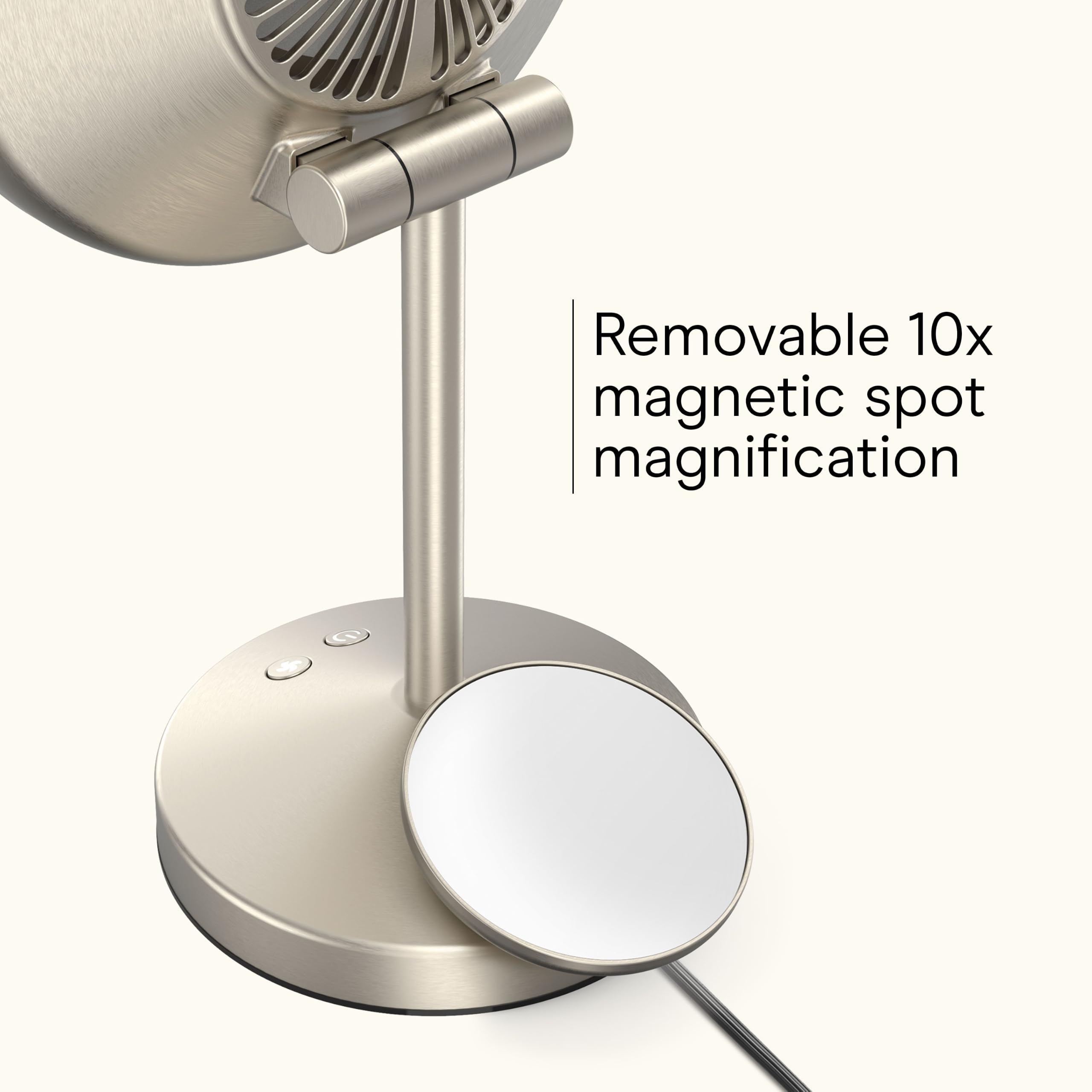 Conair Espejo de Maquillaje con Ventilador Iluminado LED con Aumento de Manchas, Espejo de Maquillaje con luz y Ventilador con 3 ajustes, área de visualización de 15 cm, Acabado de níquel Satinado | Ventilador integrado e iluminación LED de por vida con a