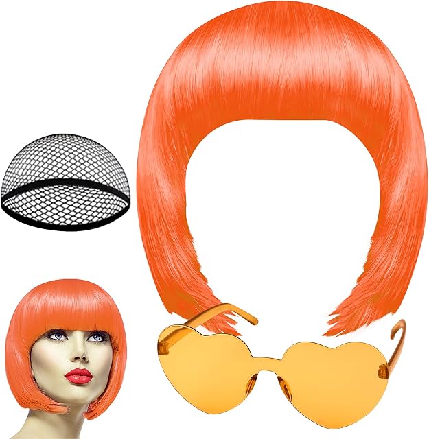 PLULON Orange Short Bob Wig and Sunglass Set, Neon Short Bob Wig Sunglass Pack Costume Colorful Cosplay Wig Hairpieces for Bachelorette Neon Party Favors, Halloween Decorations