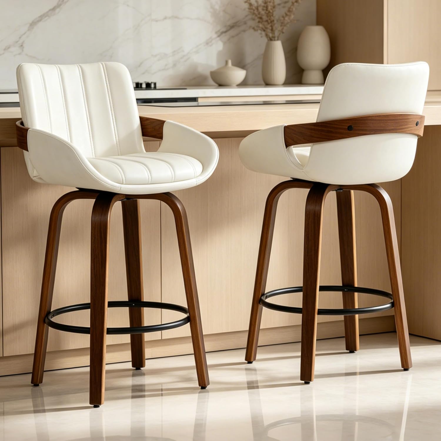 ClinQ Swivel Bar Stools Set of 2, Stripes Counter Height Barstools with Back and Armrest, PU Leather Upholstered Barstools, Mid Century Modern High Stools for Kitchen Island, Home Bar, Beige