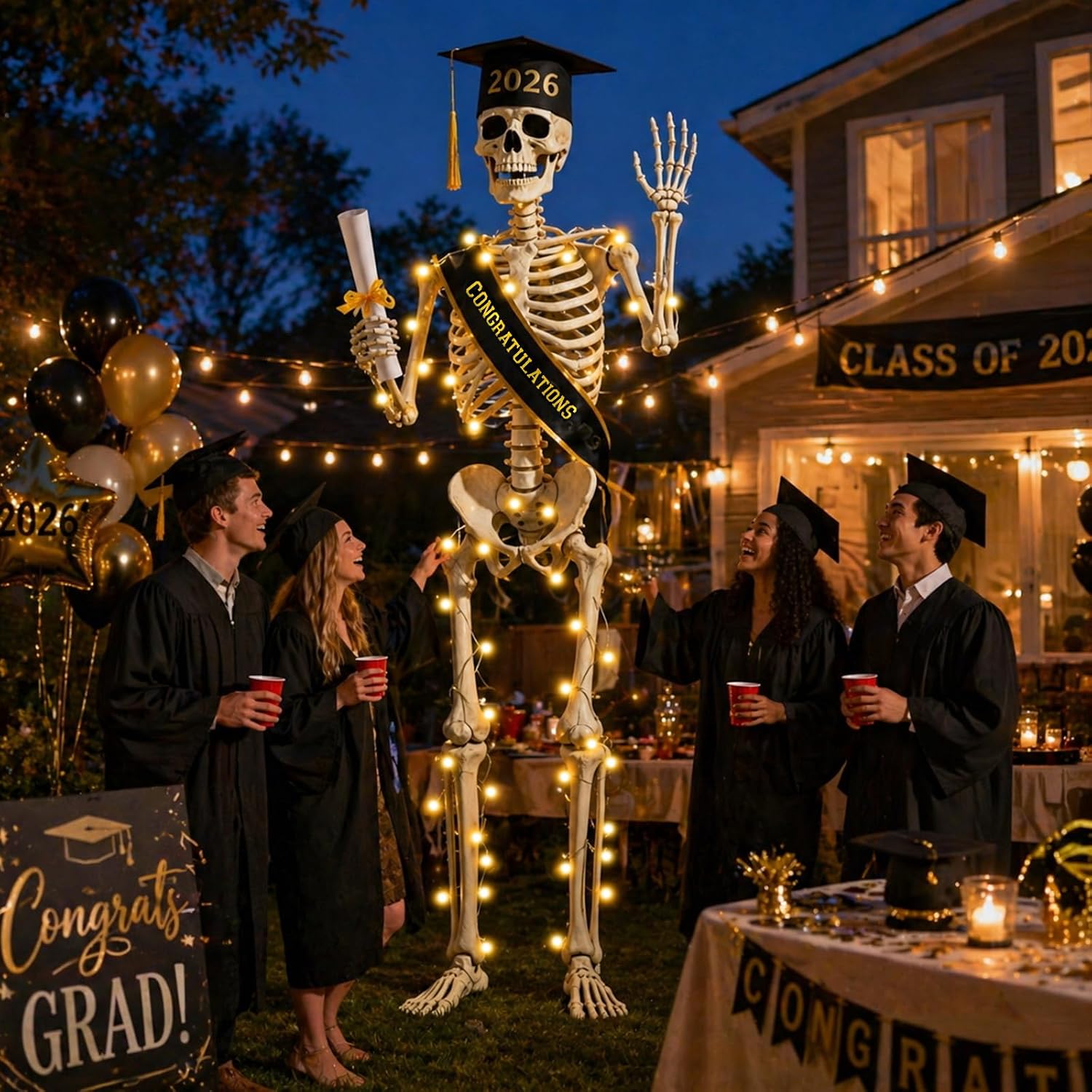 12FT Skeleton Graduation Outfit, Giant Skeleton Clothes Accessories with LED String Lights, Class of 2026 Grad Cap & Tassel, Outdoor Yard Decoration for School & College Grad Party, Skull Not Included