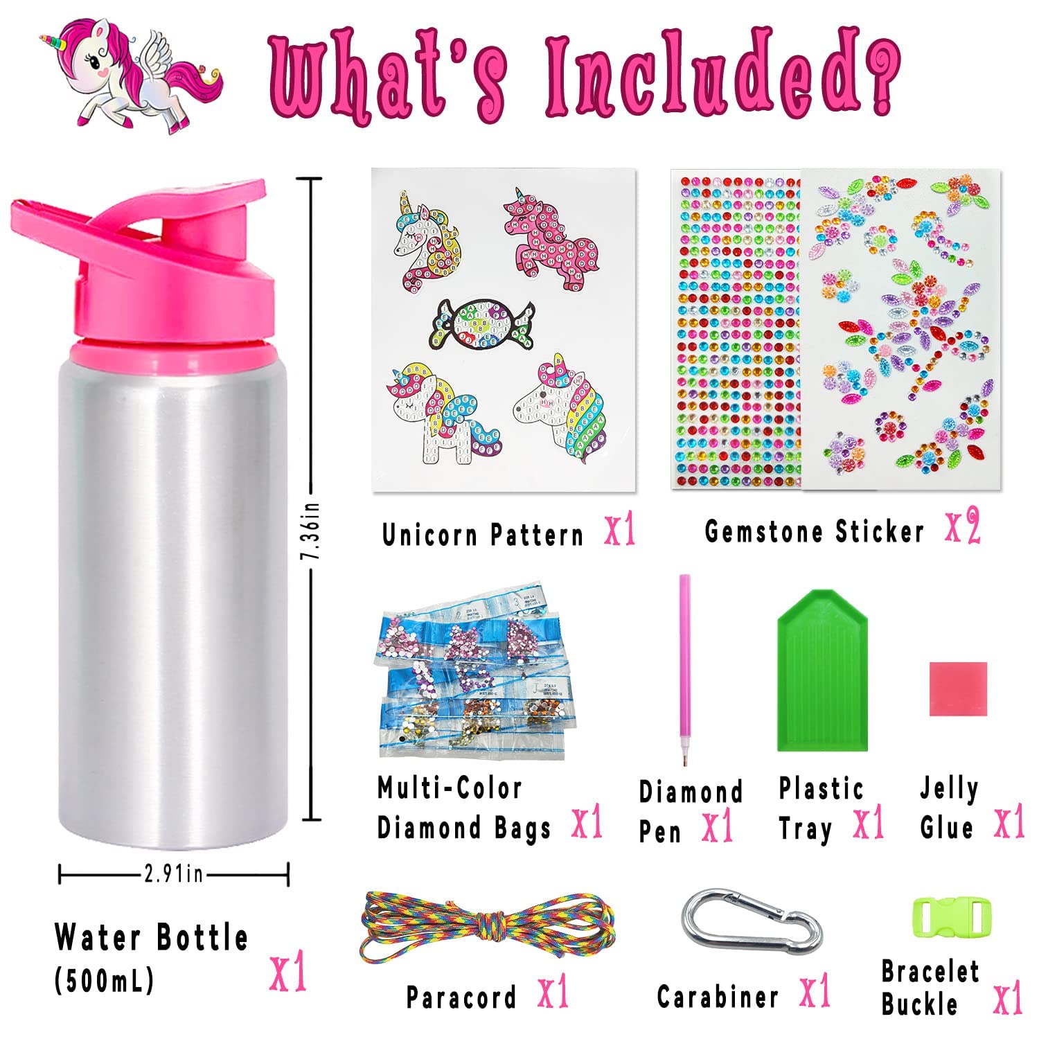 Gourde Licorne DIY Pour Enfants - Kit Créatif Avec Autocollants Diamants - 600ml