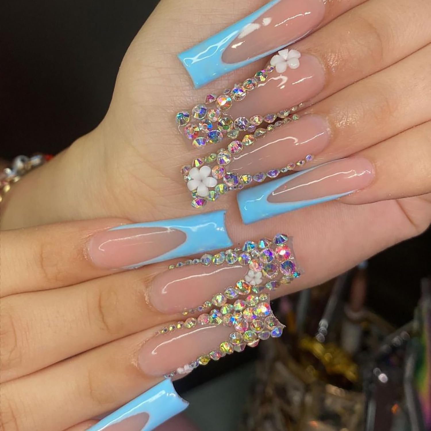 Press on Square Nails Medium Length Glossy Full Cover Acrylic Blue French False Nails with Rhinestone Floral Designs Artificial Square Shaped Fake