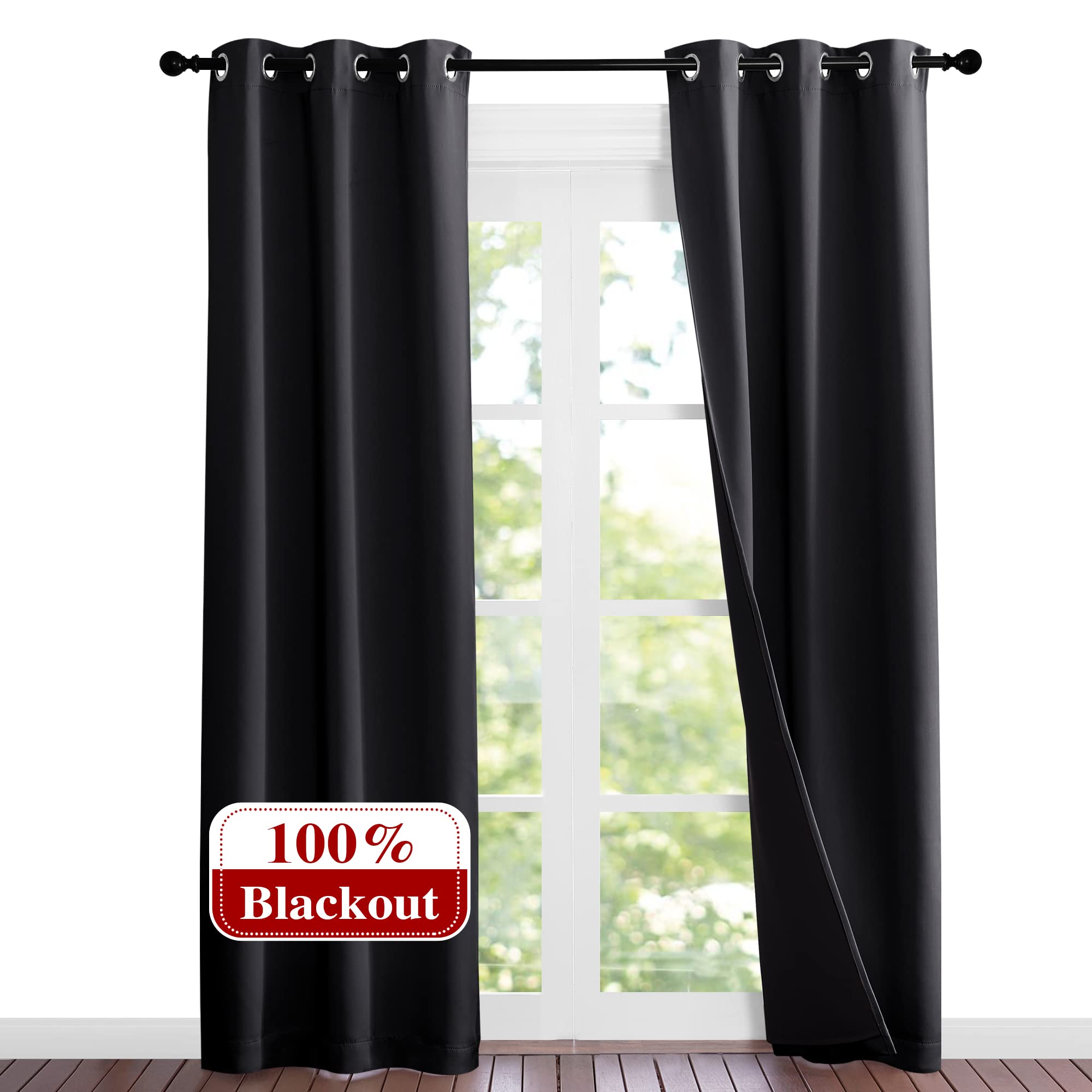 NICETOWN High-End Thermal Kitchen Curtains, Full Blackout Curtains 84 Inches Long for Dining Room, Soundproof Window Treatment Drapes for Hall Room, Black, 37" Wide Per Panel, Set of 2 Panels