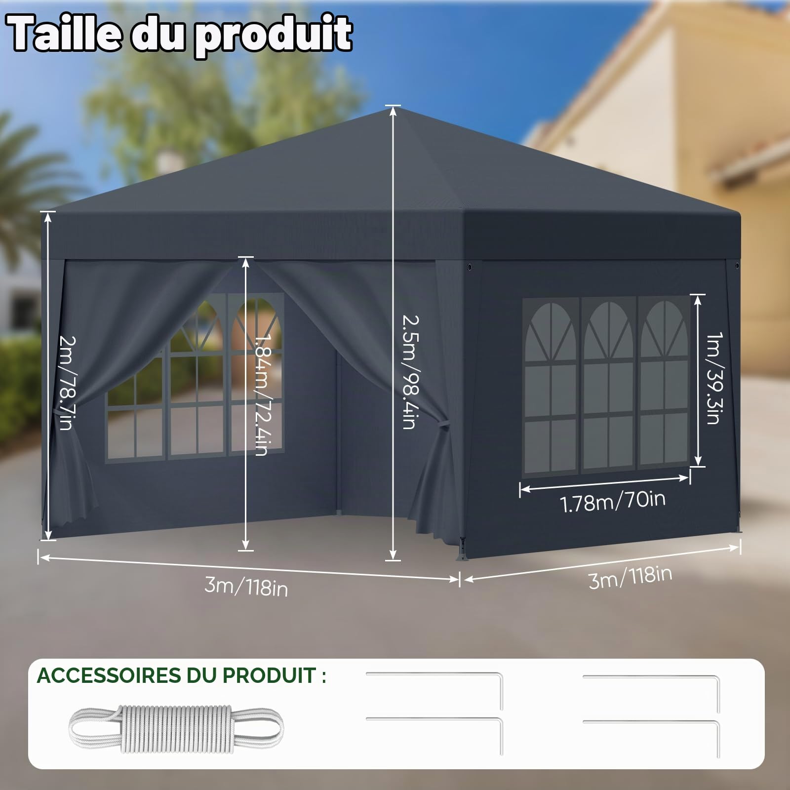 Tonnelle 3 x 3 m, imperméable, stable, résistante à l'hiver, tente de fête avec panneaux latéraux amovibles, protection UV, coupe-vent, tonnelle pliable, tonnelle de jardin, tente de jardin