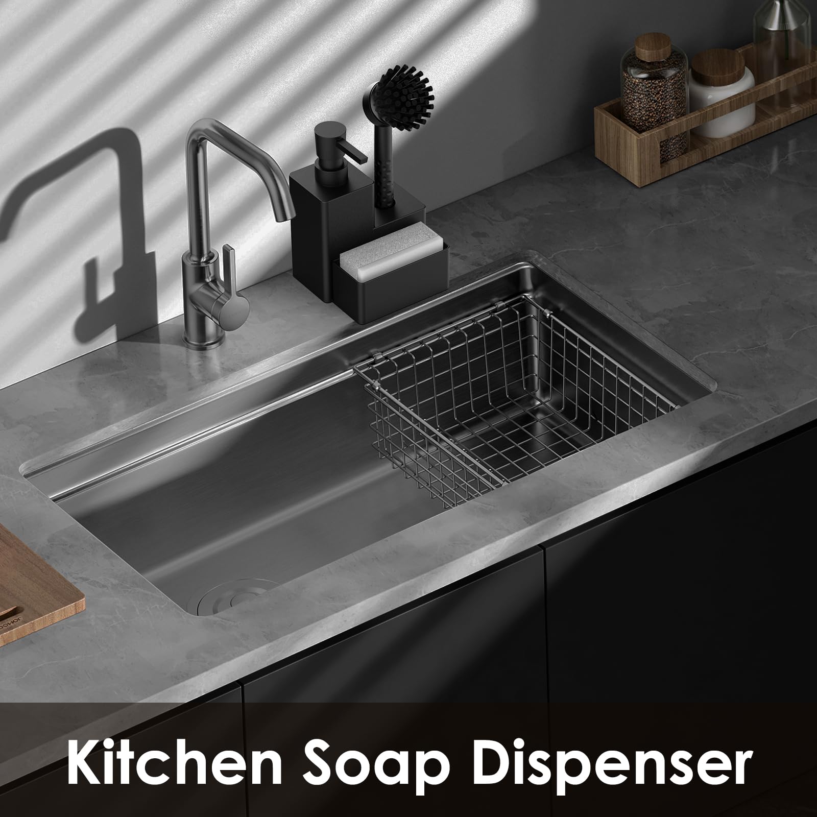 Zeepdispenser met sponshouder, vloeibare hand- en afwaszeepdispenser en spong caddy met borstelhouder, 3-in-1 aanrechtorganizer voor aanrecht en badkamer, zwart