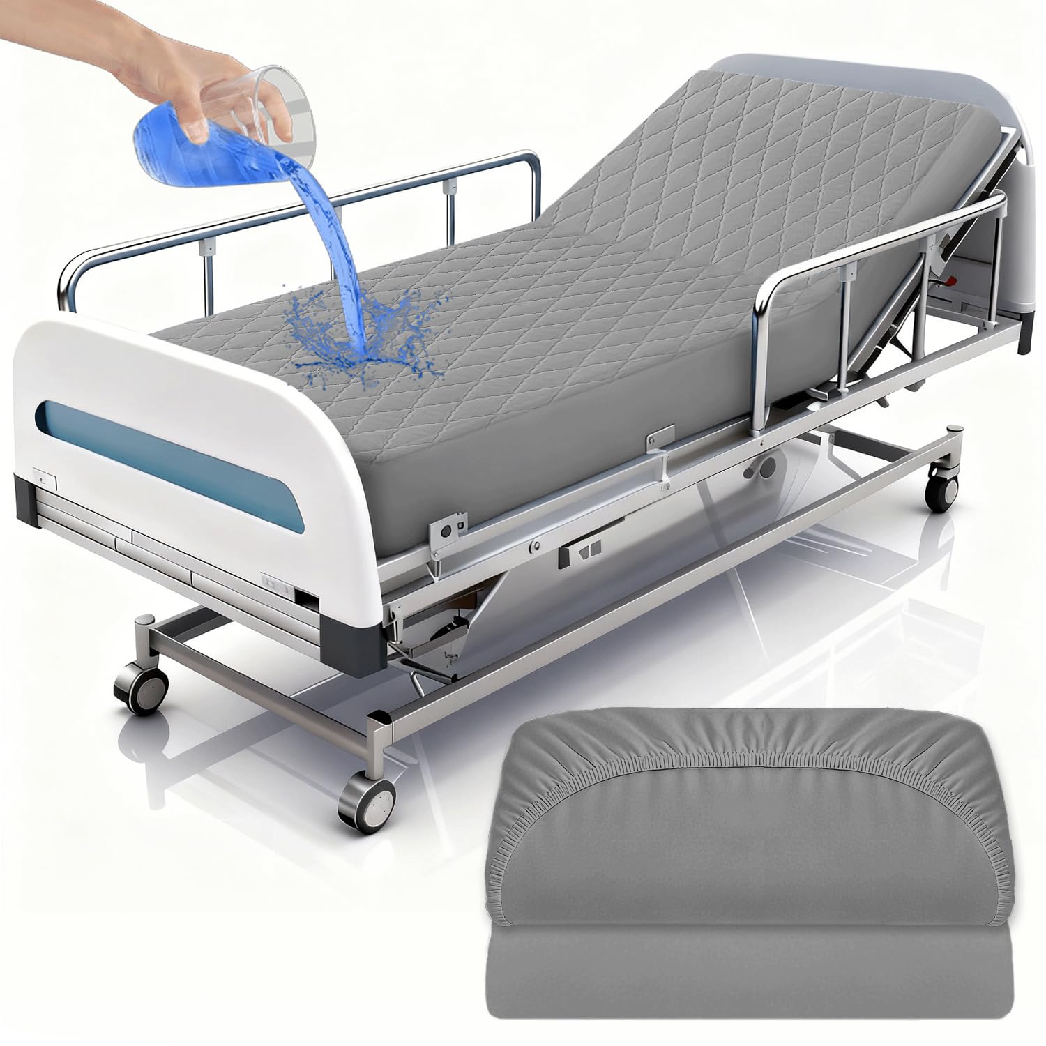 2 Pack Hospital Bed Sheets Set,Hospital Fitted Bed Sheets for Home Use & Hospital Care Beds,Waterproof Fitted Sheets with Elastic All Around,Reusable and Machine Washable,36" x 84" x 14" (Grey)