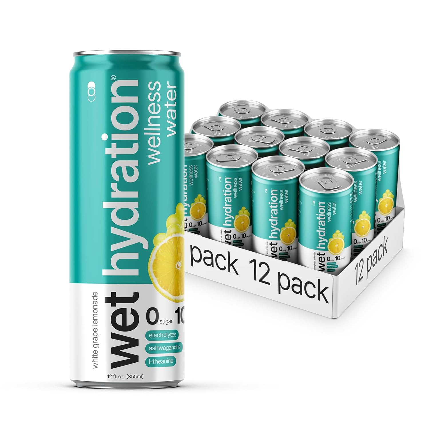 Wet Hydration Wellness Water | Electrolyte Drink with Ashwagandha & L-Theanine – White Grape Lemonade (12oz Cans, Pack of 12) | Zero Sugar, 10 Calories, Zero Bubbles, Functional Hydration