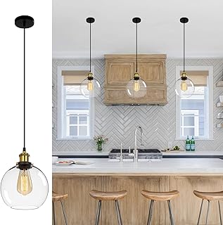 3PCS Vintage Glass Pendant Light, Industrial Ceiling Pendant Lights with Clear Glass Globe Shade, Adjustable Pendant Lighting for Kitchen Island Dining Table Hallway Entryway（ø20CM）