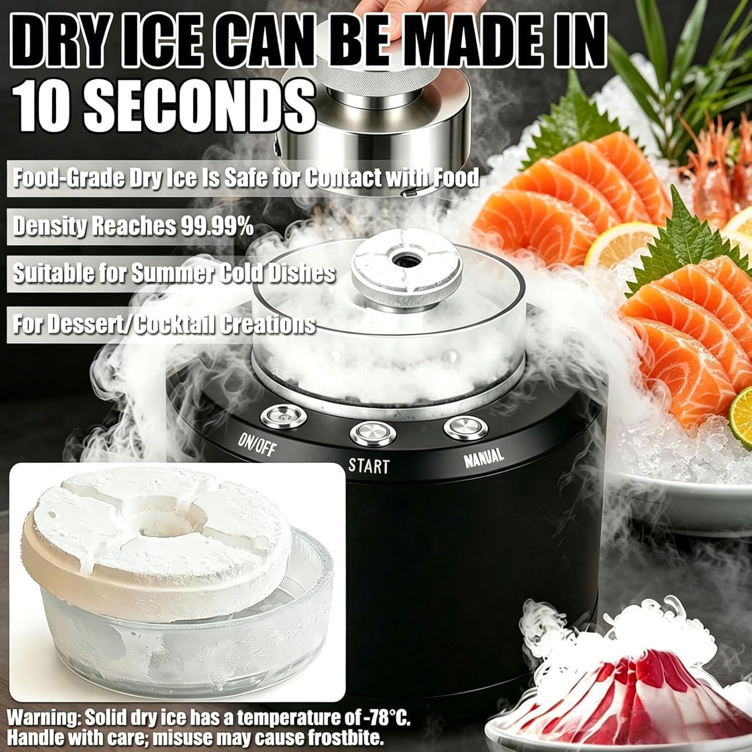 Máquina portátil para fabricar Hielo seco, Unidad compacta para la producción de Hielo seco, Produce instantáneamente un Bloque de Hielo seco estándar de 25 g
