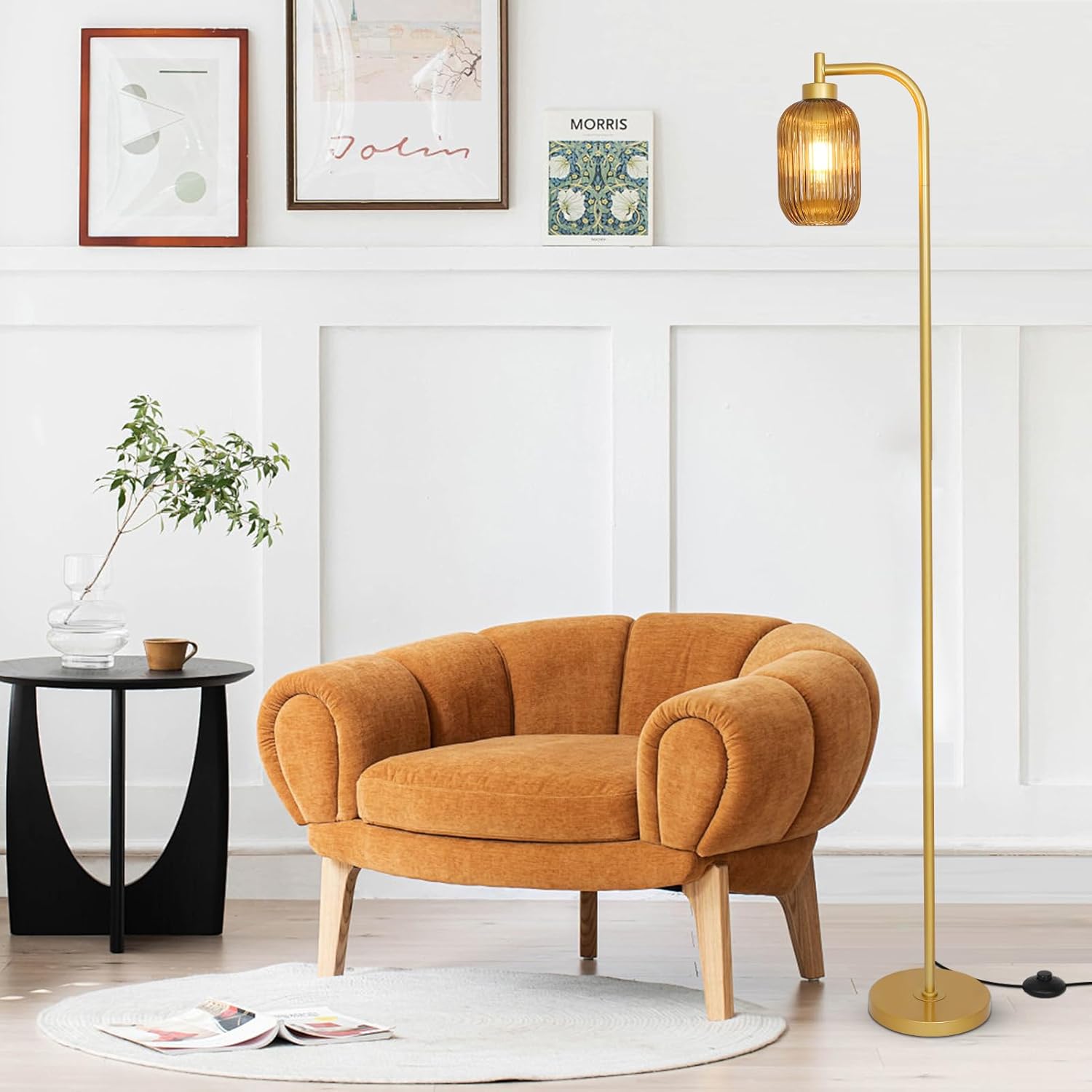 Glass Floor Lamps for Living Room, Vintage Gold Standing Lamp with LED Bulb, Amber Stripe Glass Shade, Foot Switch, Mid Century Modern Brass Tall Corner Lamp for Bedroom Office Reading Room