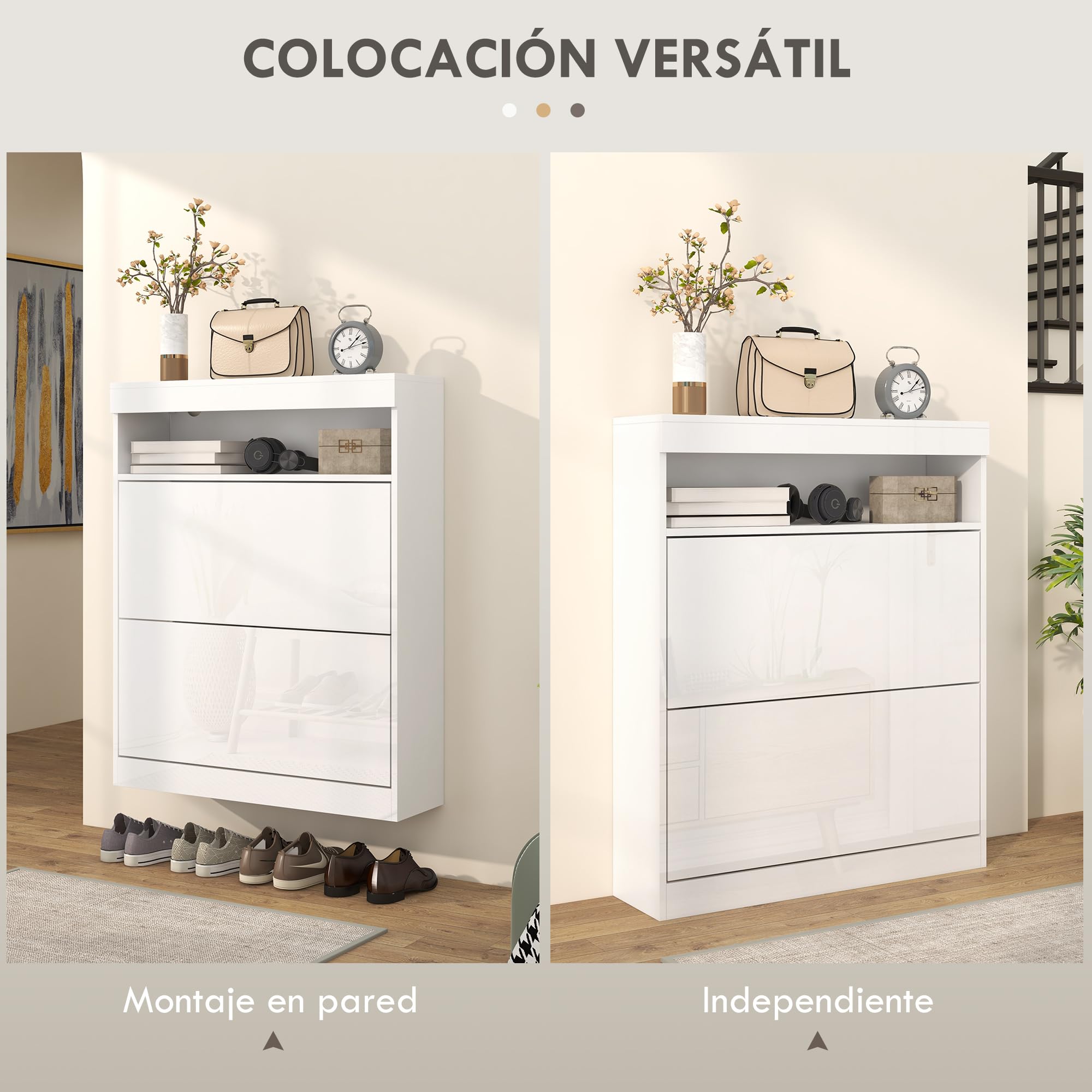 HOMCOM Mueble Zapatero de Recibidor con LED Blanco Brillo 80x24x99,5 cm | Armario Zapatero Independiente o Pared, Estante Abierto, 2 Cajones Abatibles, para 12-16 Pares de Zapatos