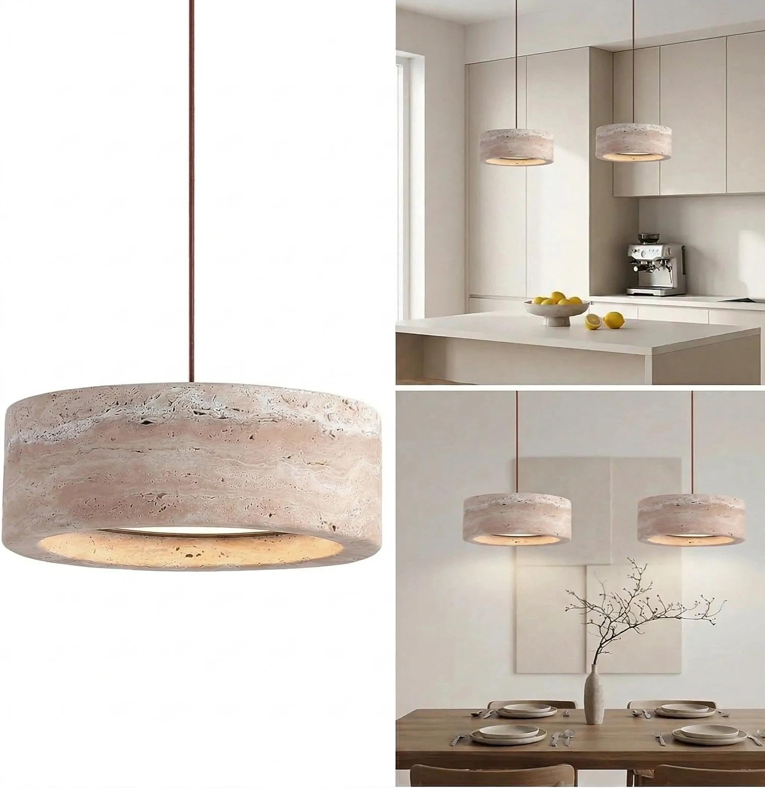 LYMSXAZOU Travertine Pendant Light Chandelier Ceiling Light, Natural Stone Lights Kitchen Island, Japanese Drum Modern Hanging Lamp for Dining Room Bedroom, Built-in 18W LED(A)